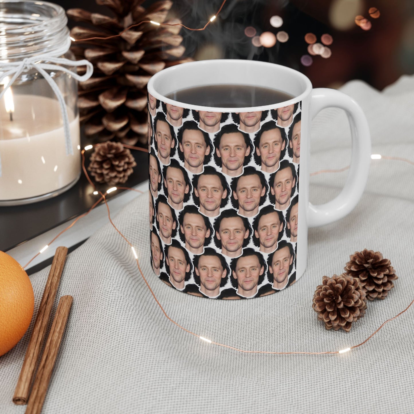 Tom Hiddleston Face Pattern Ceramic Mug | Unique Gift for Tom Hiddleston Fans