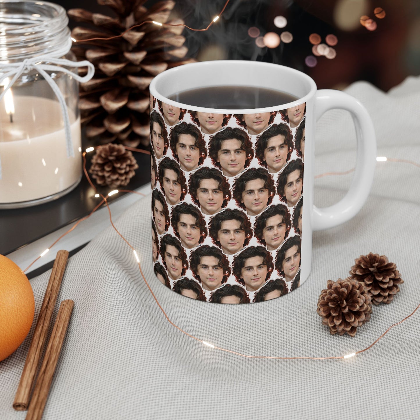Timothée Chalamet Face Pattern Ceramic Mug | Unique Gift for Timothée Chalamet Fans