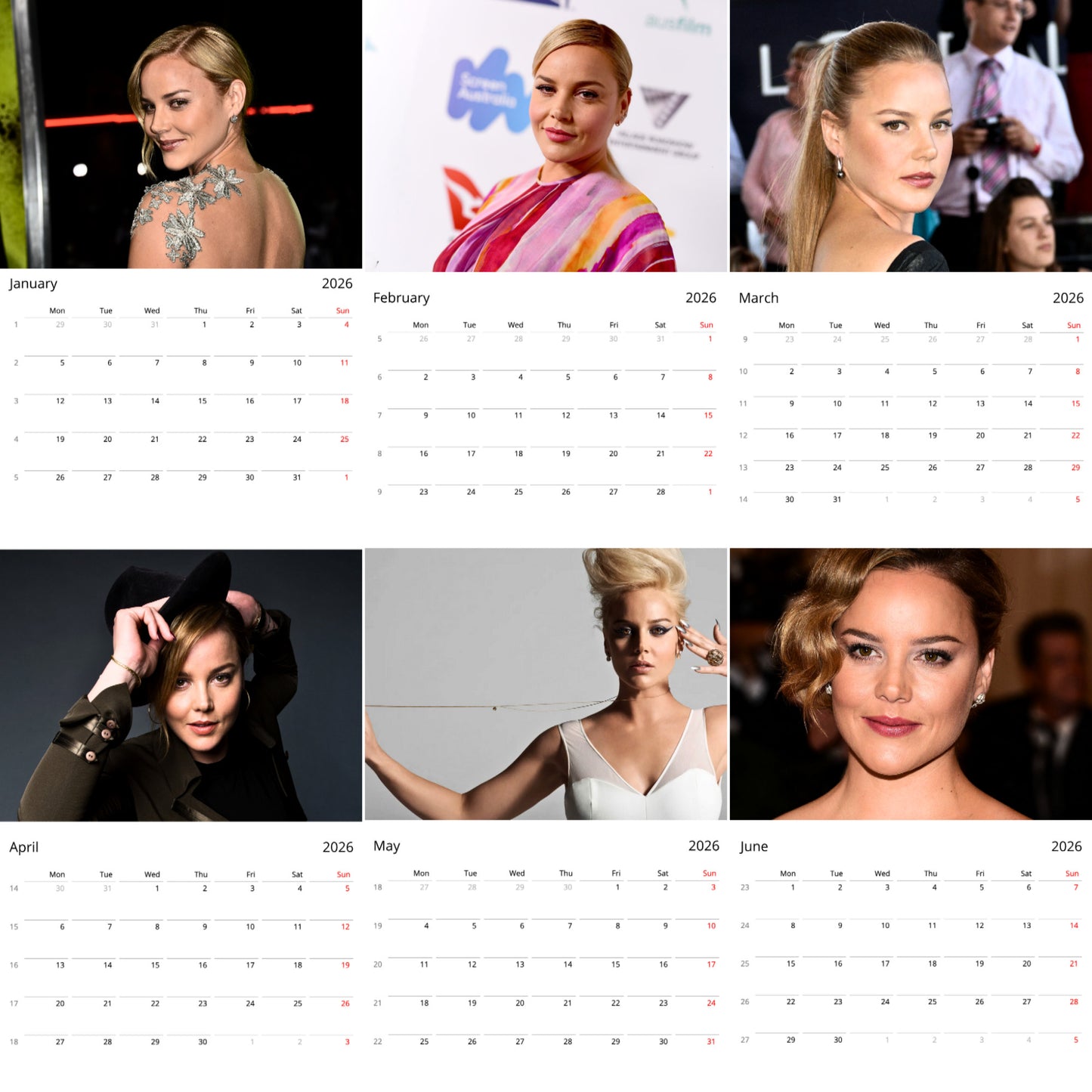 Abbie Cornish 2026 Wall Calendar (Large Calendar) β Celebrity Fan Gift, Premium Wall Art