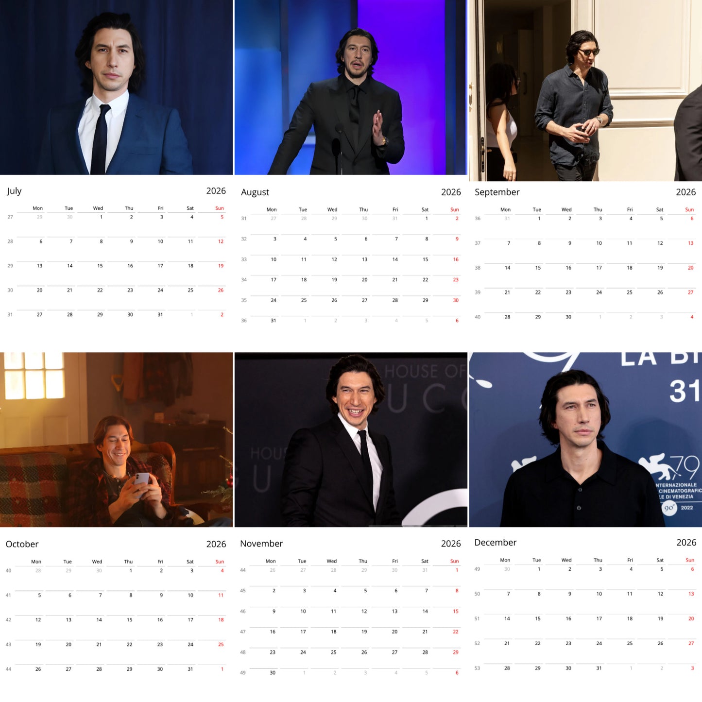 Adam Driver 2026 Wall Calendar (Large Calendar) β Celebrity Fan Gift, Premium Wall Art