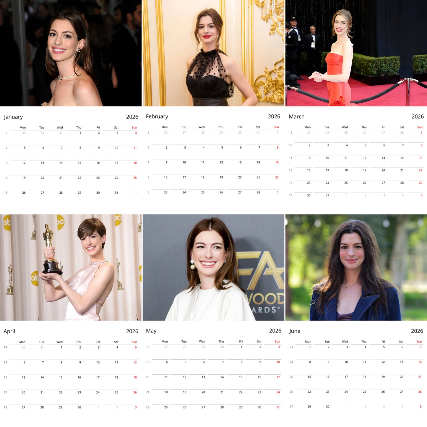 Anne Hathaway 2026 Wall Calendar (Large Calendar) β Hollywood Actress Fan Gift, Premium Wall Art