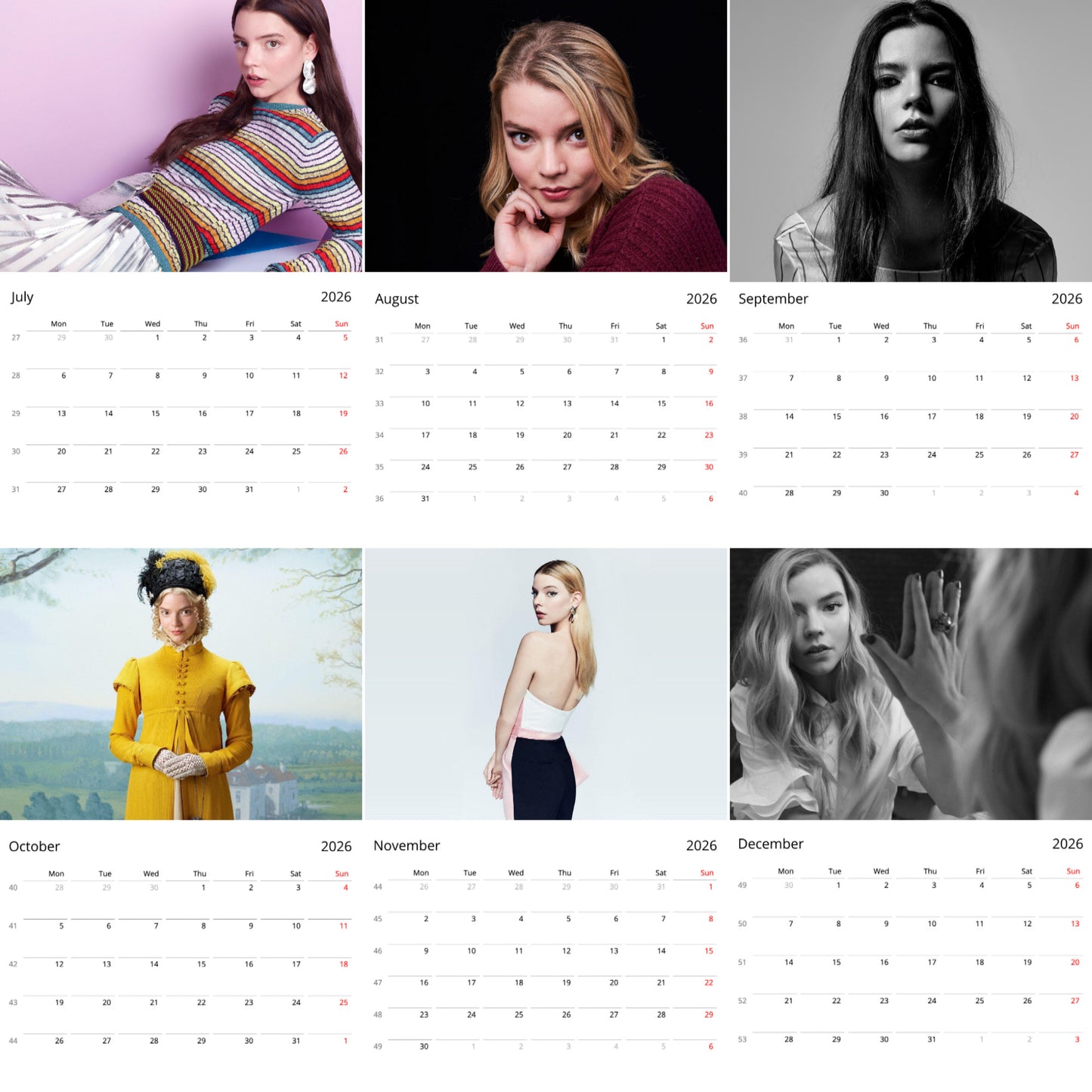 Anya Taylor-Joy 2026 Wall Calendar β Stunning Actress Calendar for Fans, Hollywood Star Gift