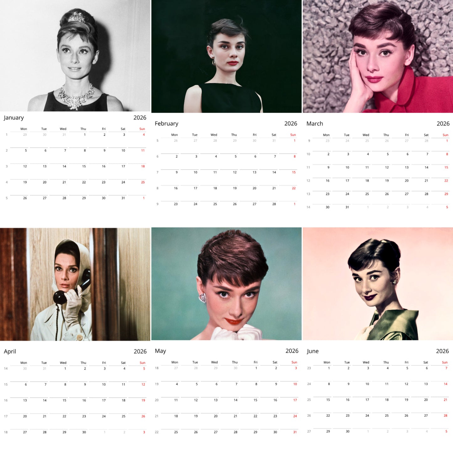 Audrey Hepburn 2026 Wall Calendar (Large Calendar) β Classic Icon Gift, Premium Wall Art