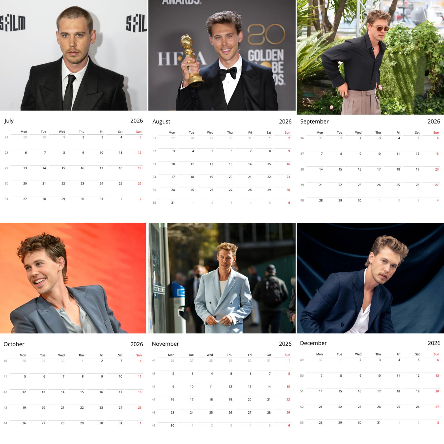 Austin Butler 2026 Wall Calendar β Hollywood Heartthrob Calendar, Stylish Gift for Fans