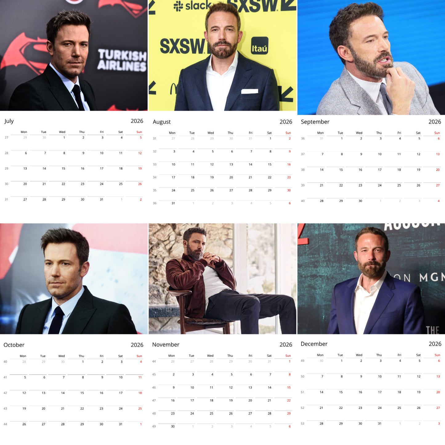 Ben Affleck 2026 Wall Calendar (Large Calendar) β Celebrity Fan Gift, Premium Wall Art