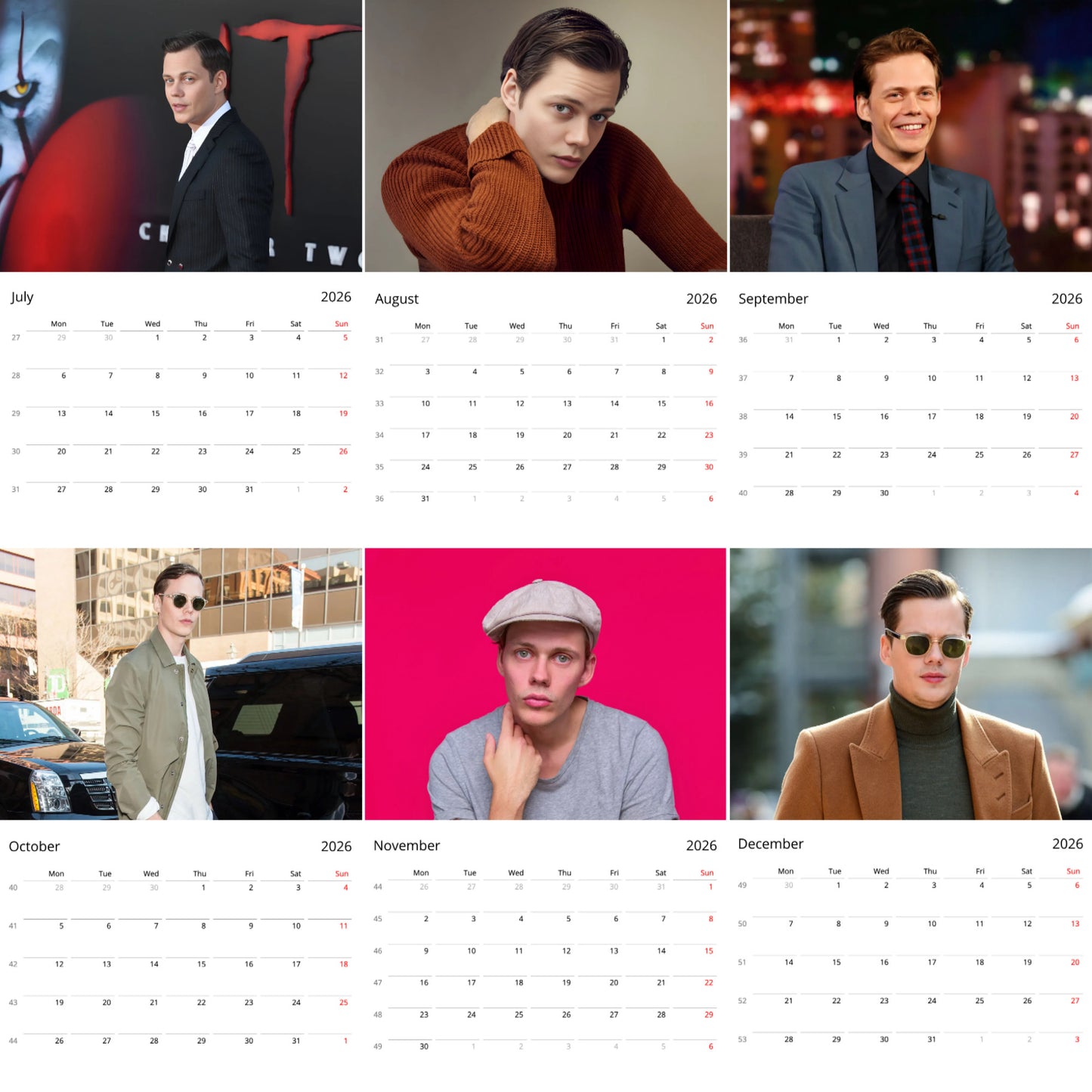 Bill Skarsgård 2026 Wall Calendar – Premium Actor Calendar for Fans, Hollywood Star Gift