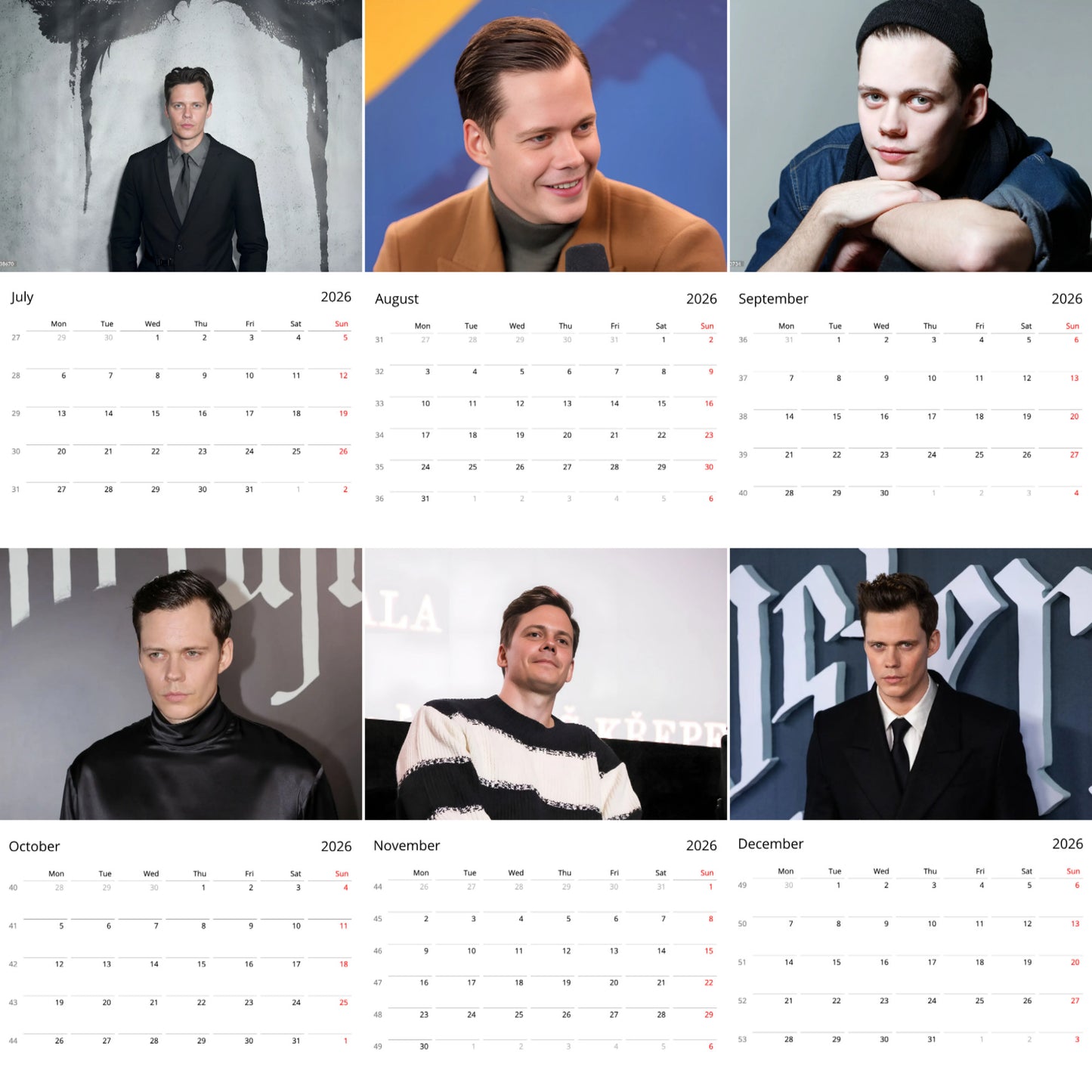Bill Skarsgård 2026 Wall Calendar – Premium Actor Calendar for Fans, Hollywood Star Gift
