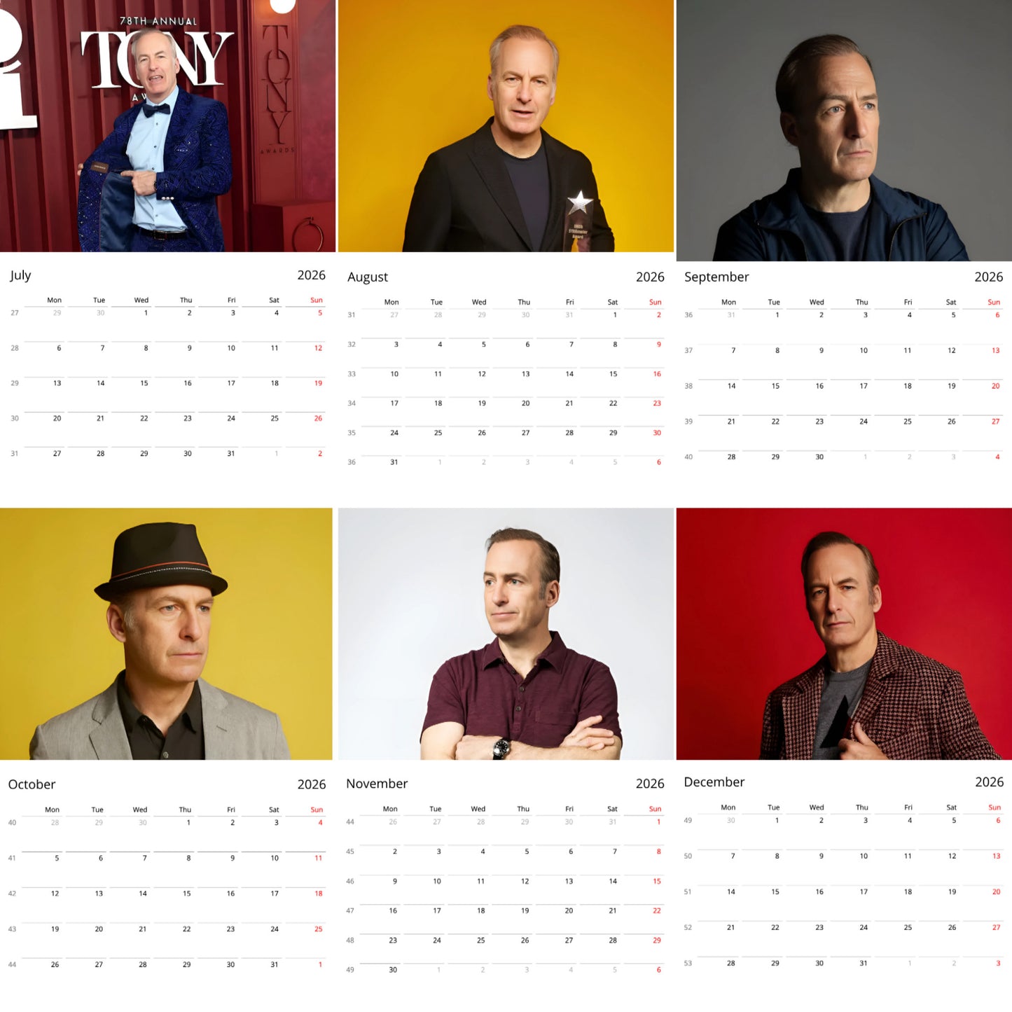 Bob Odenkirk 2026 Wall Calendar β Premium Actor Calendar for Fans, Hollywood Legend Gift