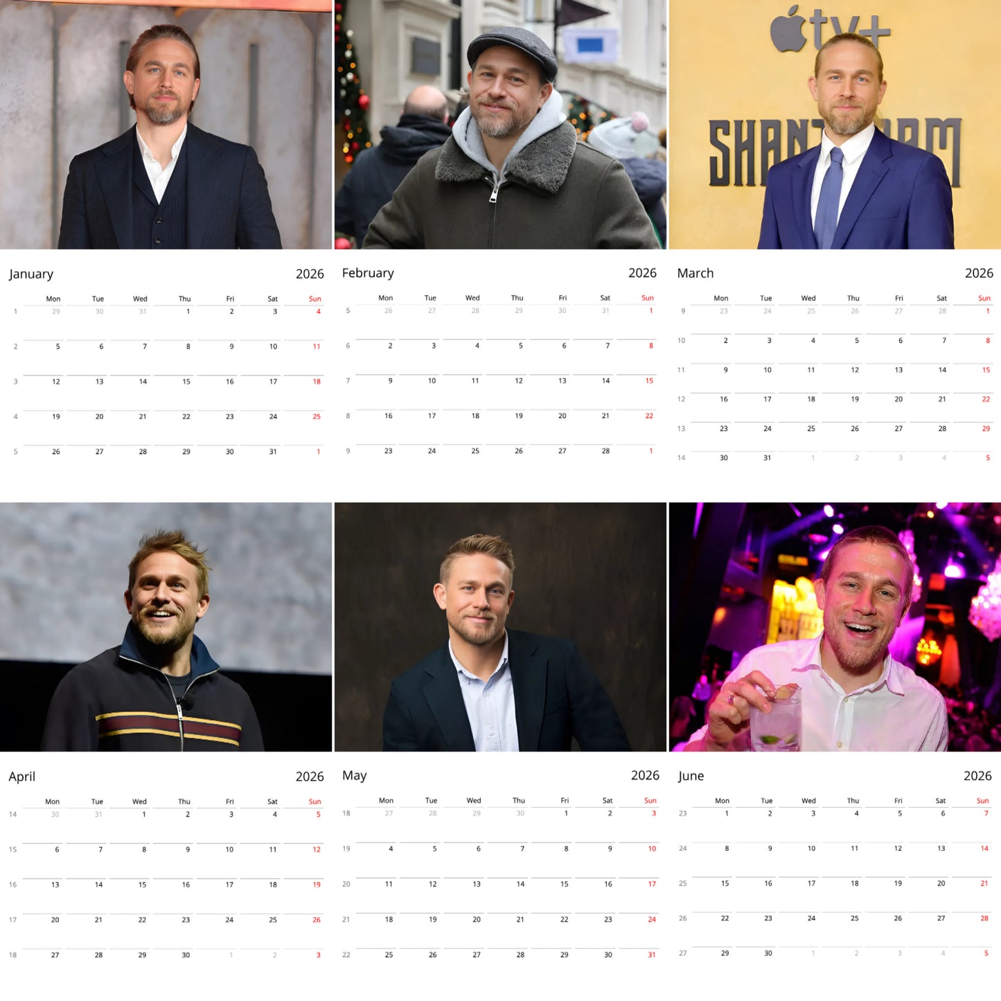 Charlie Hunnam 2026 Wall Calendar β Premium Actor Calendar for Fans, Hollywood Heartthrob Gift Description: