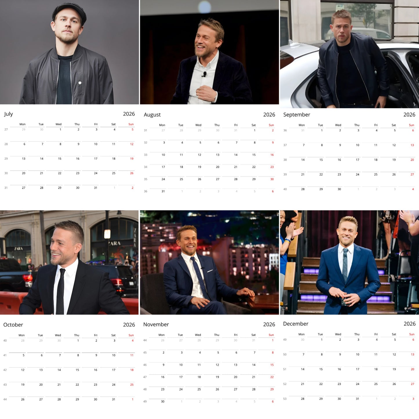 Charlie Hunnam 2026 Wall Calendar β Premium Actor Calendar for Fans, Hollywood Heartthrob Gift Description: