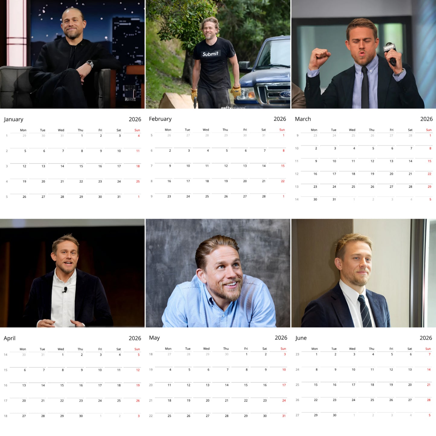 Charlie Hunnam 2026 Wall Calendar β Premium Actor Calendar for Fans, Hollywood Heartthrob Gift