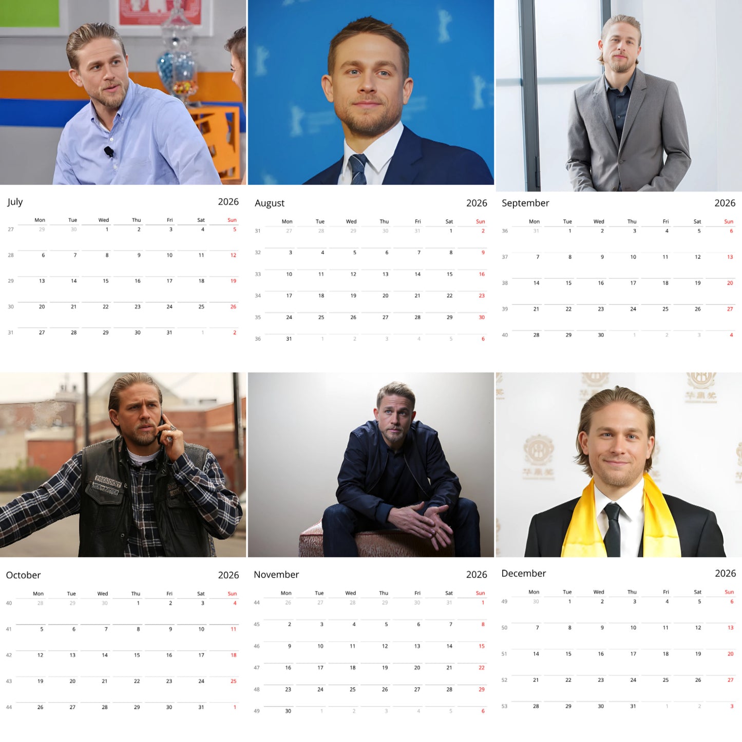 Charlie Hunnam 2026 Wall Calendar β Premium Actor Calendar for Fans, Hollywood Heartthrob Gift