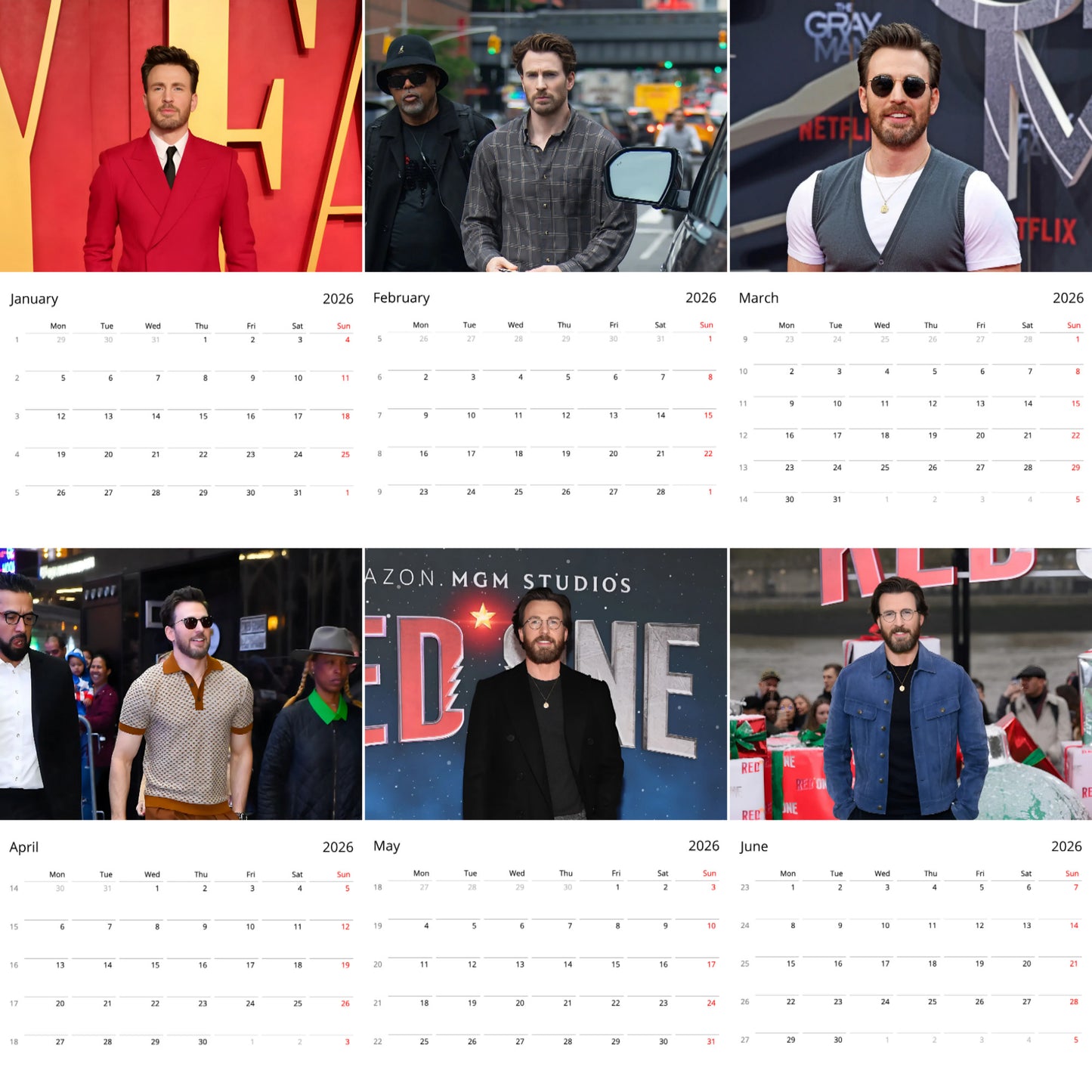 Chris Evans 2026 Wall Calendar β Premium Actor Calendar for Fans, Hollywood Superstar Gift