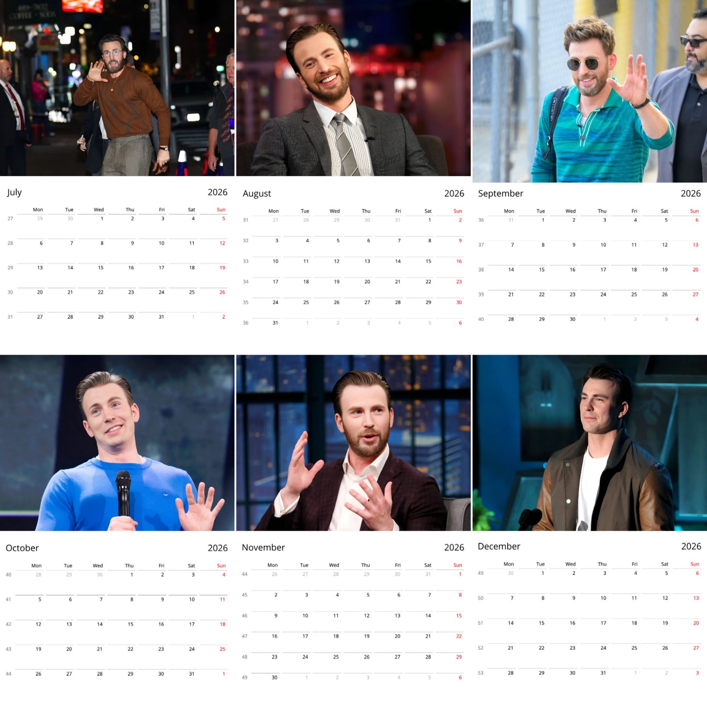 Chris Evans 2026 Wall Calendar β Premium Actor Calendar for Fans, Hollywood Superstar Gift