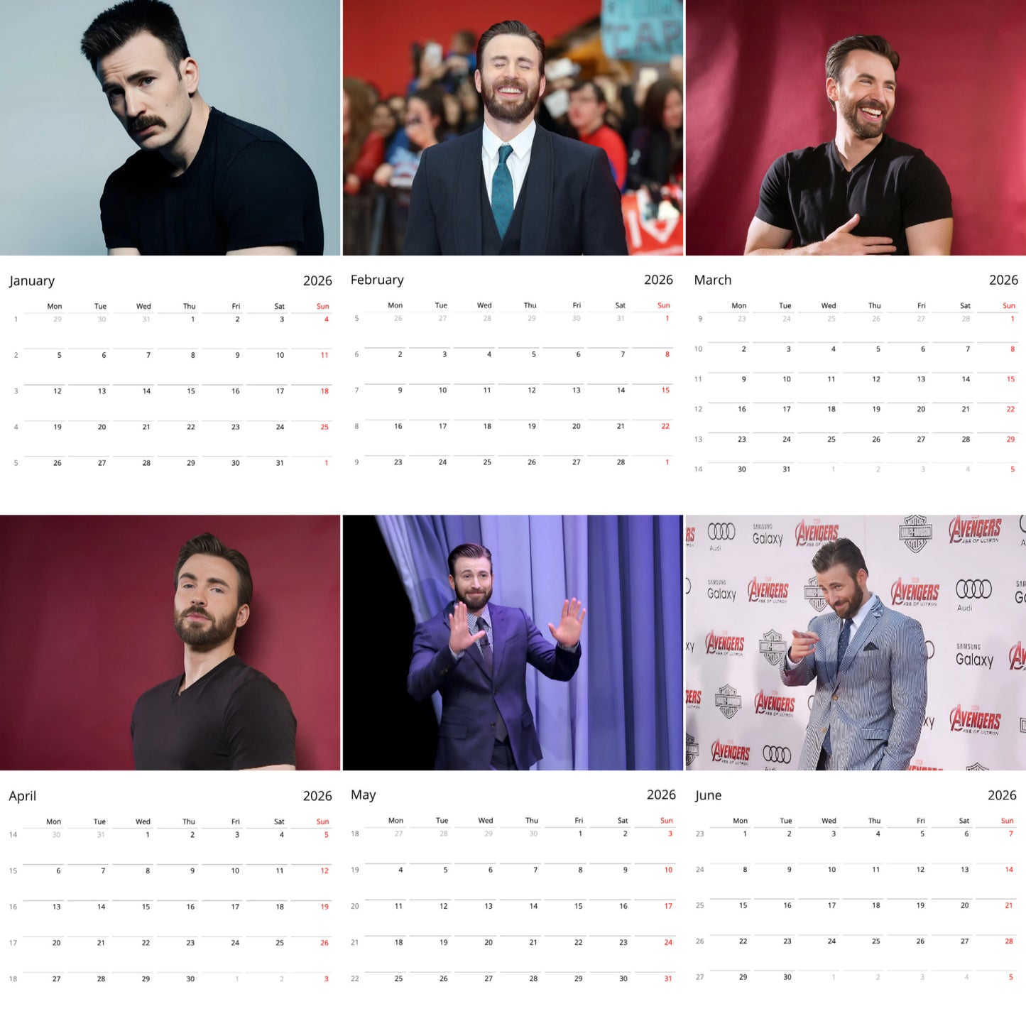 Chris Evans 2026 Wall Calendar β Premium Actor Calendar for Fans, Hollywood Superstar Gift