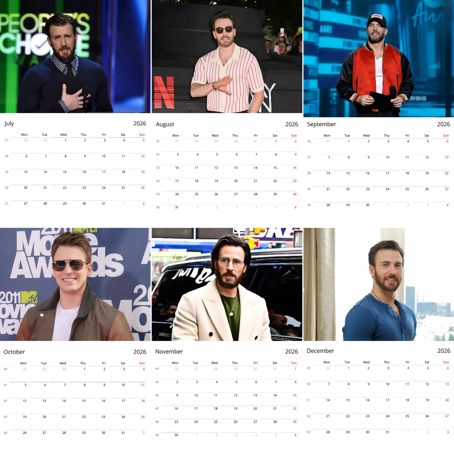 Chris Evans 2026 Wall Calendar β Premium Actor Calendar for Fans, Hollywood Superstar Gift