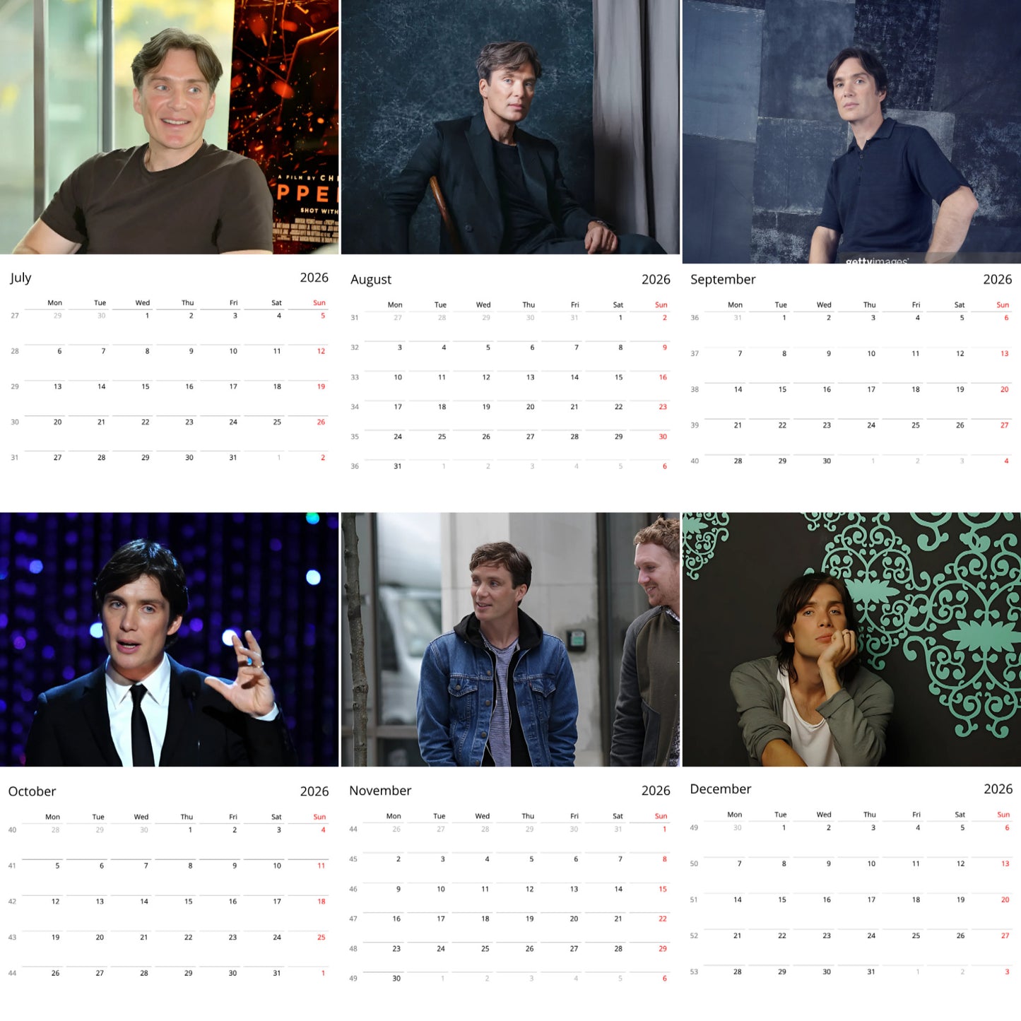 Cillian Murphy 2026 Wall Calendar β Premium Actor Calendar for Fans, Hollywood Icon Gift
