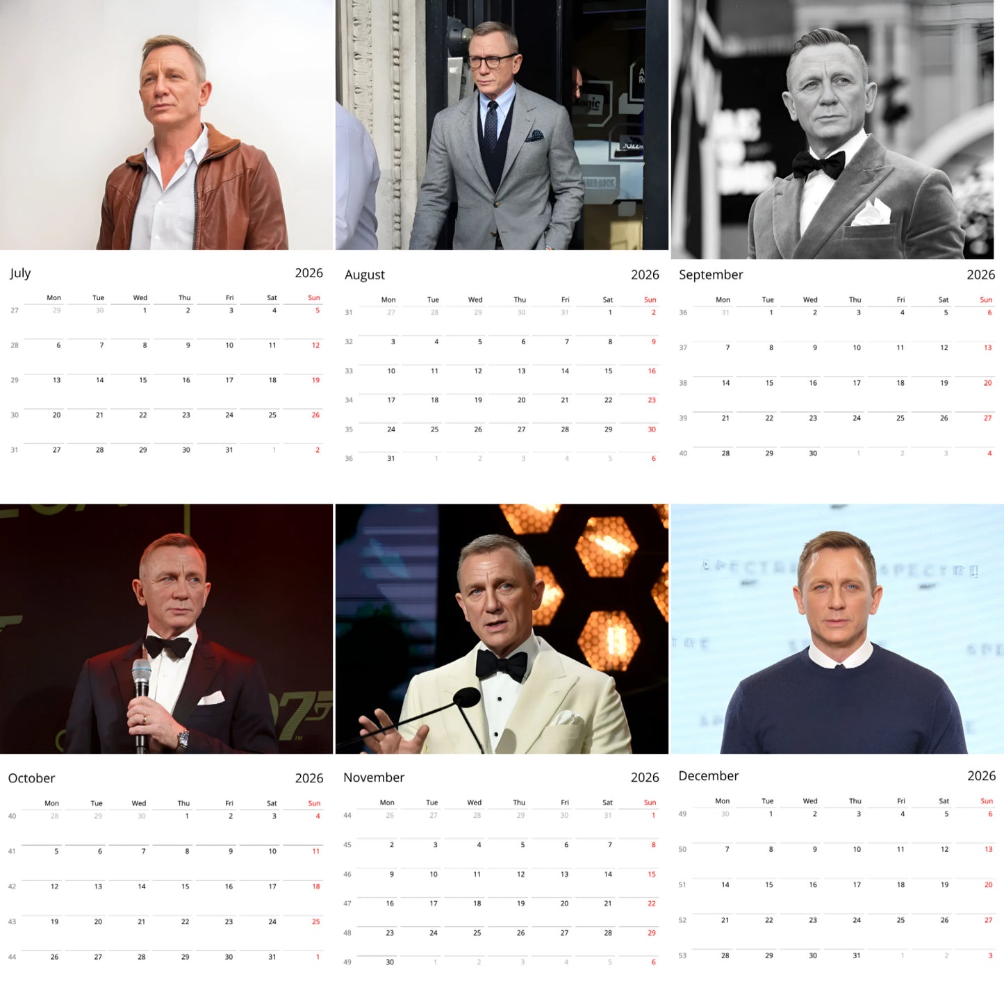 Daniel Craig 2026 Wall Calendar β Premium James Bond Star Calendar for Fans, Hollywood Icon Gift