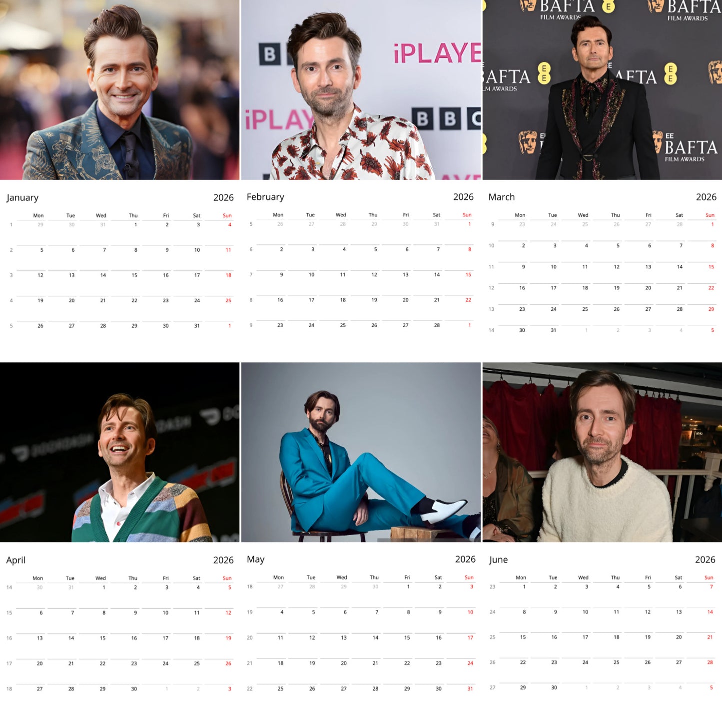 David Tennant 2026 Wall Calendar β Premium Actor Calendar for Fans, Doctor Who & Good Omens Star Gift