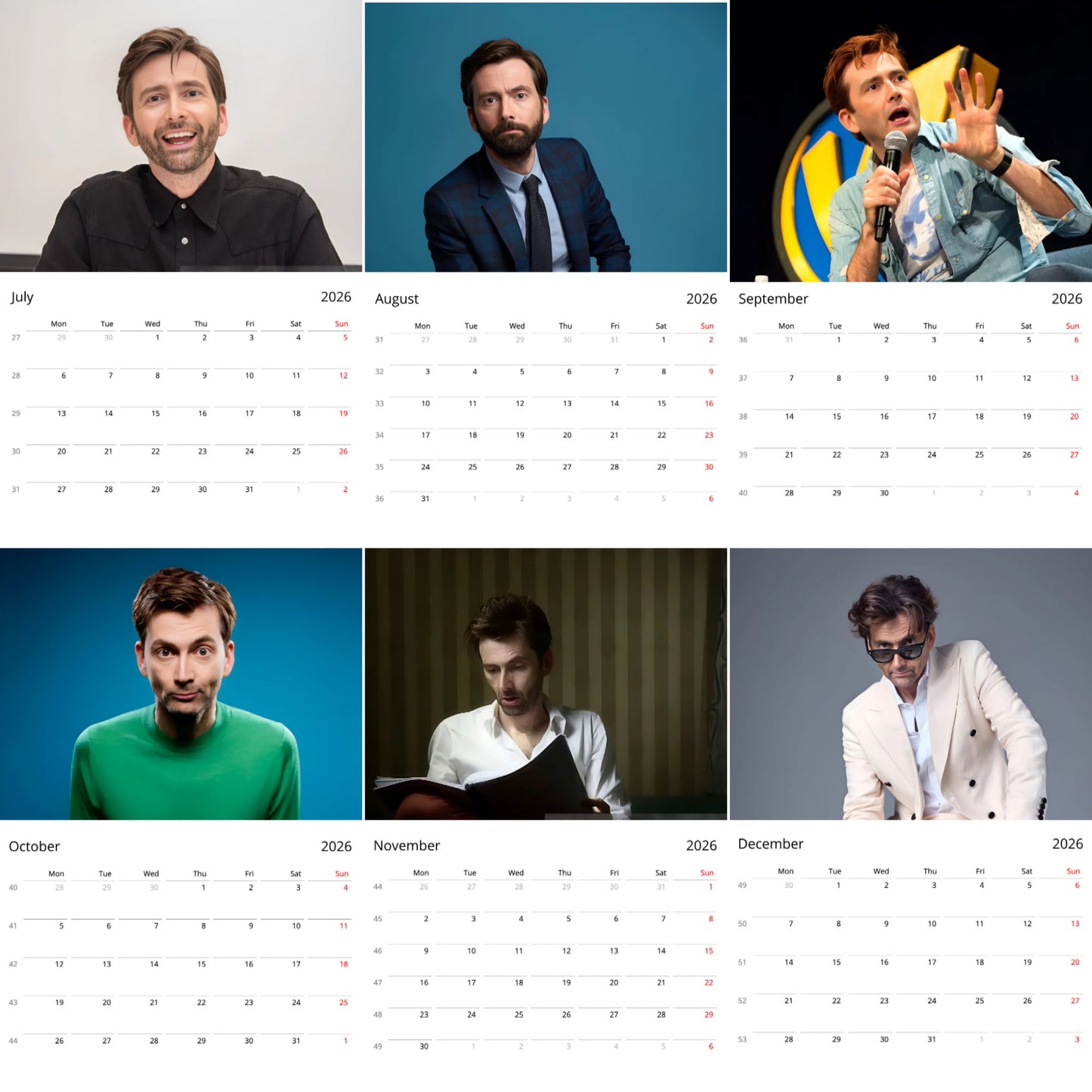 David Tennant 2026 Wall Calendar β Premium Actor Calendar for Fans, Doctor Who & Good Omens Star Gift