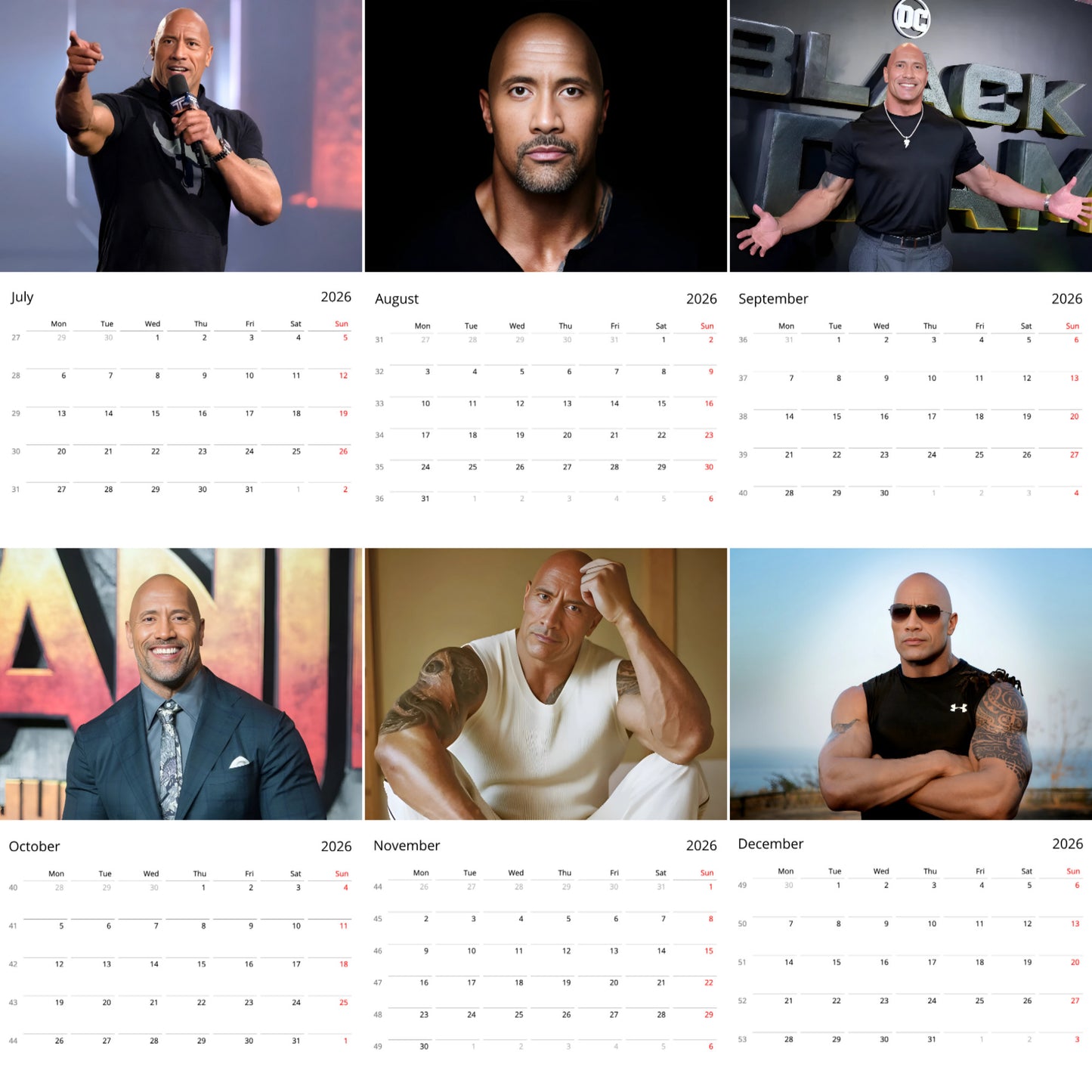 Dwayne Johnson 2026 Wall Calendar β Premium Actor & Wrestling Legend Calendar for Fans, Hollywood Star Gift