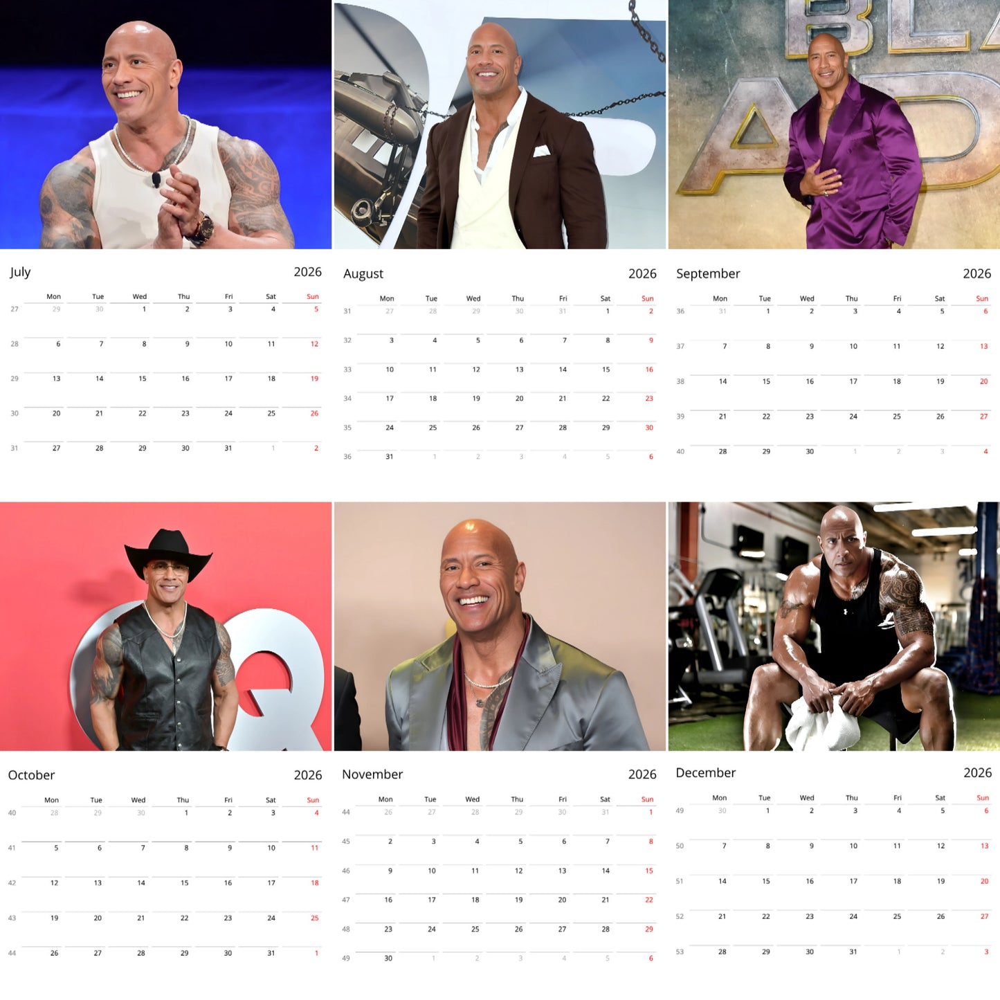 Dwayne Johnson 2026 Wall Calendar β Premium Actor & Wrestling Legend Calendar for Fans, Hollywood Star Gift