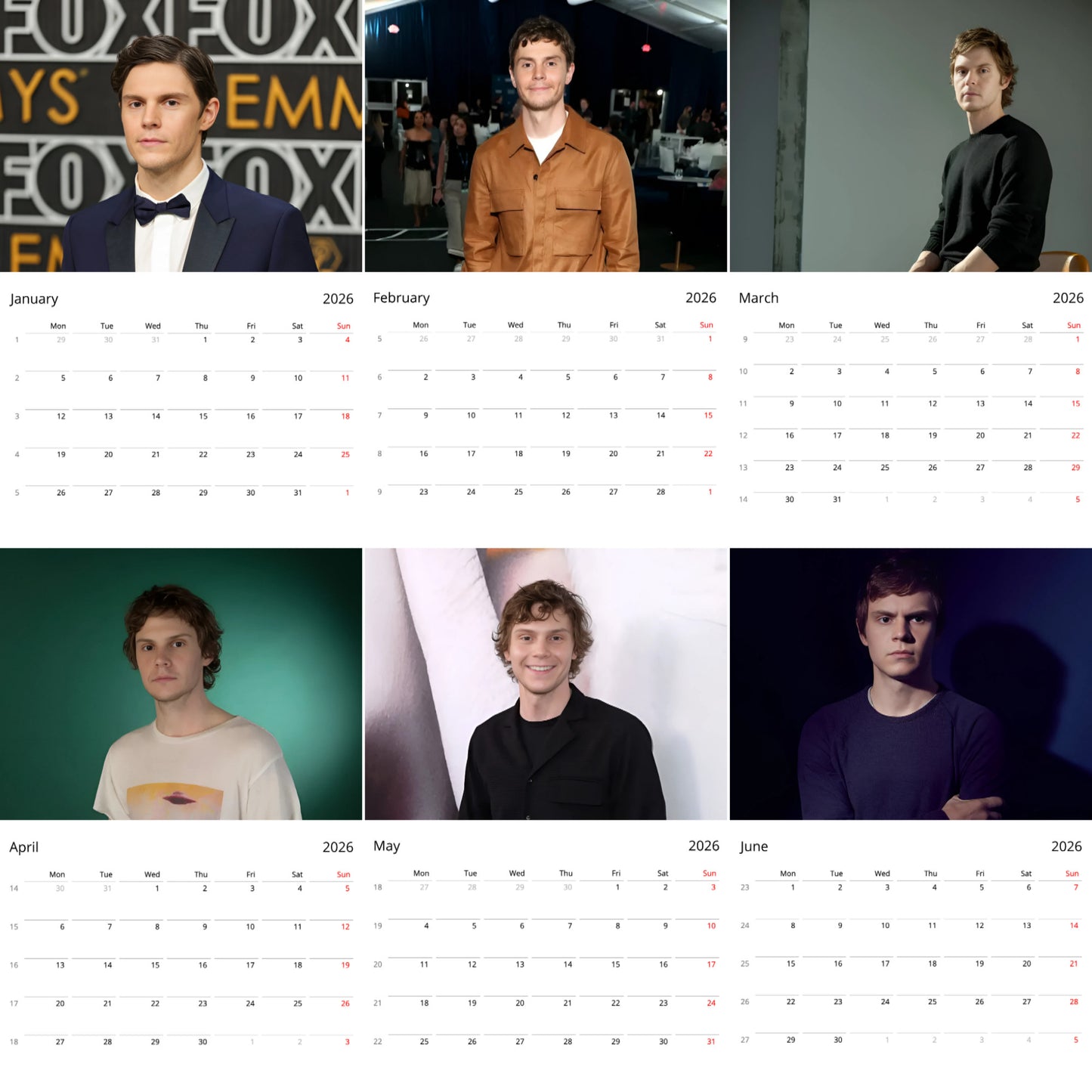 Evan Peters 2026 Wall Calendar β Premium Actor Calendar for Fans, Hollywood Star Gift