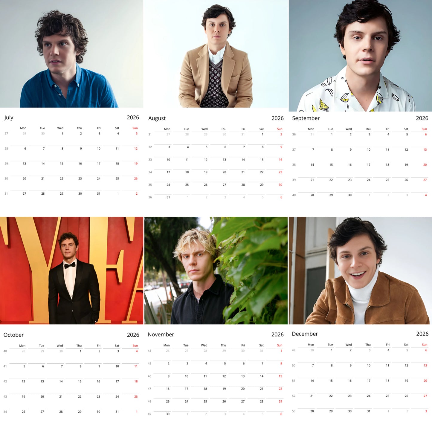 Evan Peters 2026 Wall Calendar β Premium Actor Calendar for Fans, Hollywood Star Gift