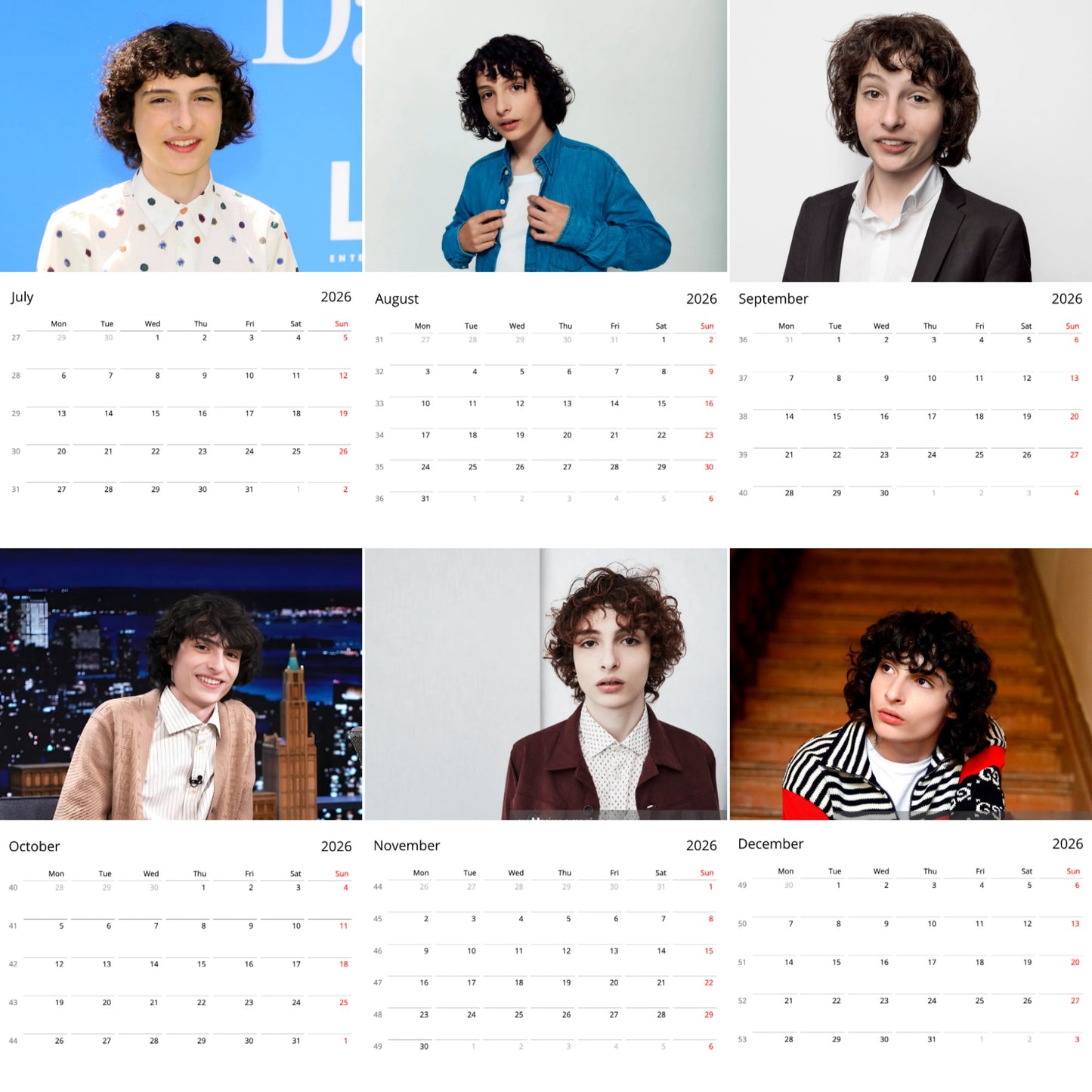 Finn Wolfhard 2026 Wall Calendar β Premium Actor Calendar for Fans, Hollywood Star Gift