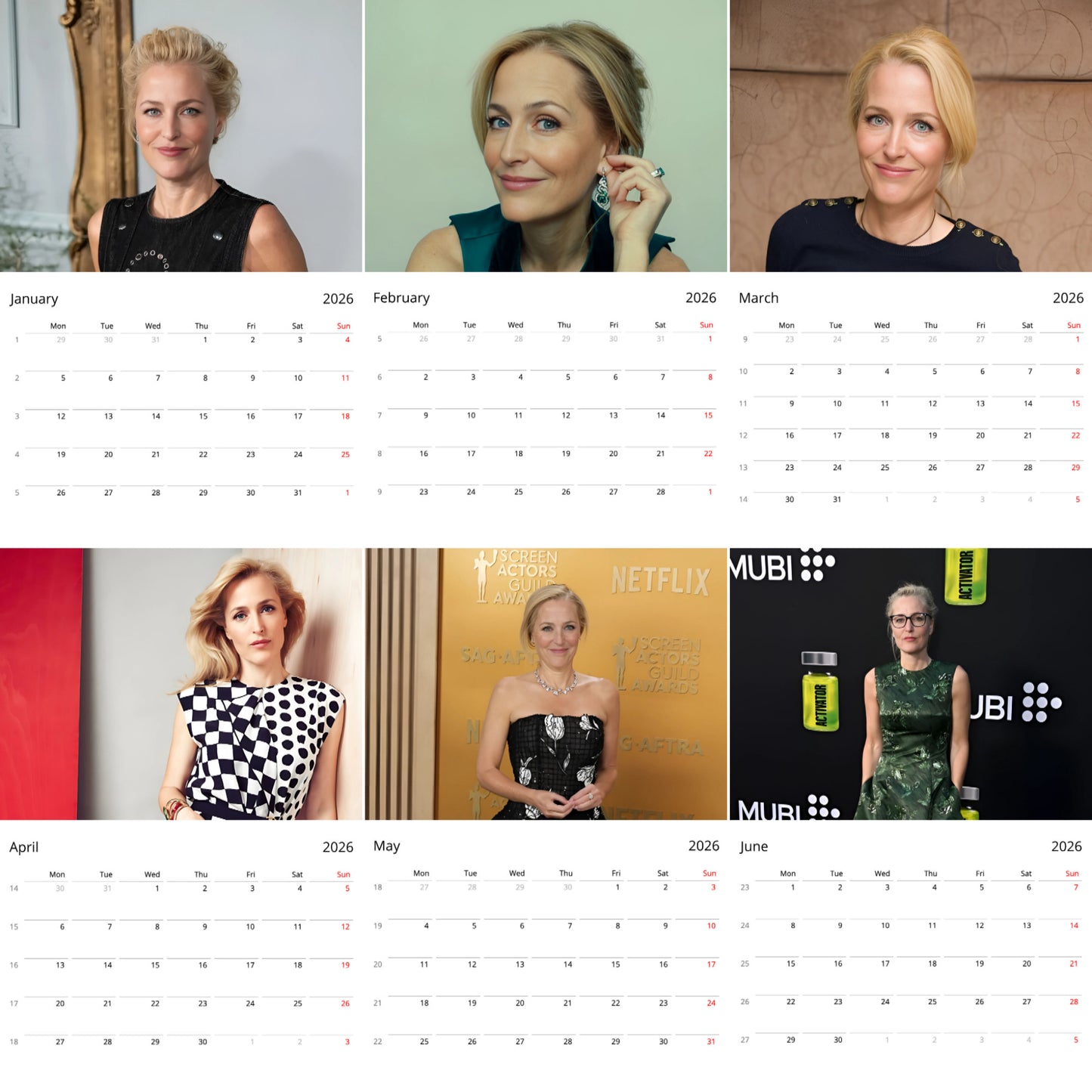 Gillian Anderson 2026 Wall Calendar β Premium Actress Calendar for Fans, Hollywood Icon Gift