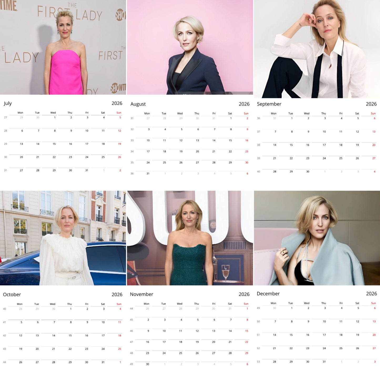 Gillian Anderson 2026 Wall Calendar β Premium Actress Calendar for Fans, Hollywood Icon Gift