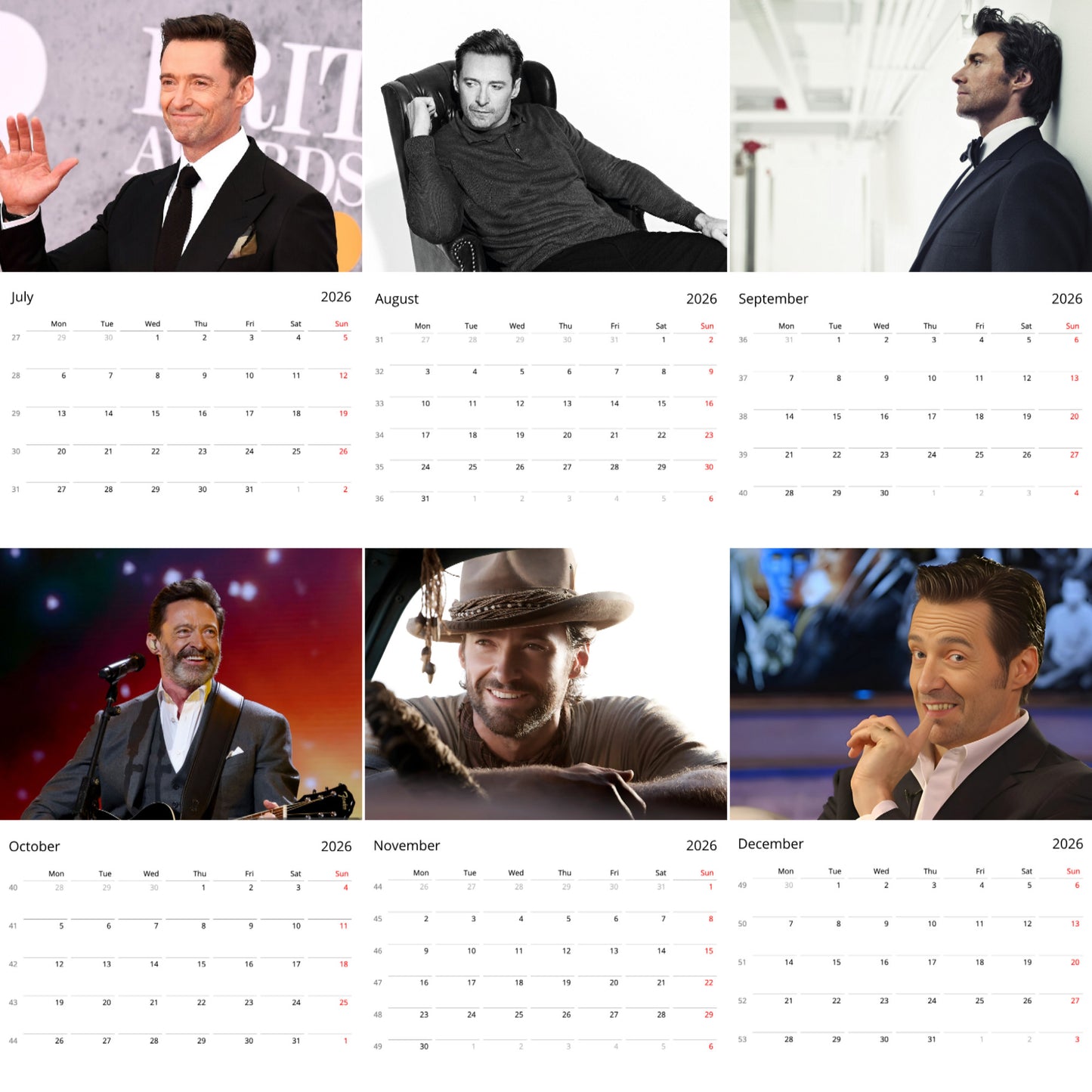 Hugh Jackman 2026 Wall Calendar β Legendary Actor & Entertainer Tribute Calendar, Premium Quality Art Prints, Perfect Gift for Fans