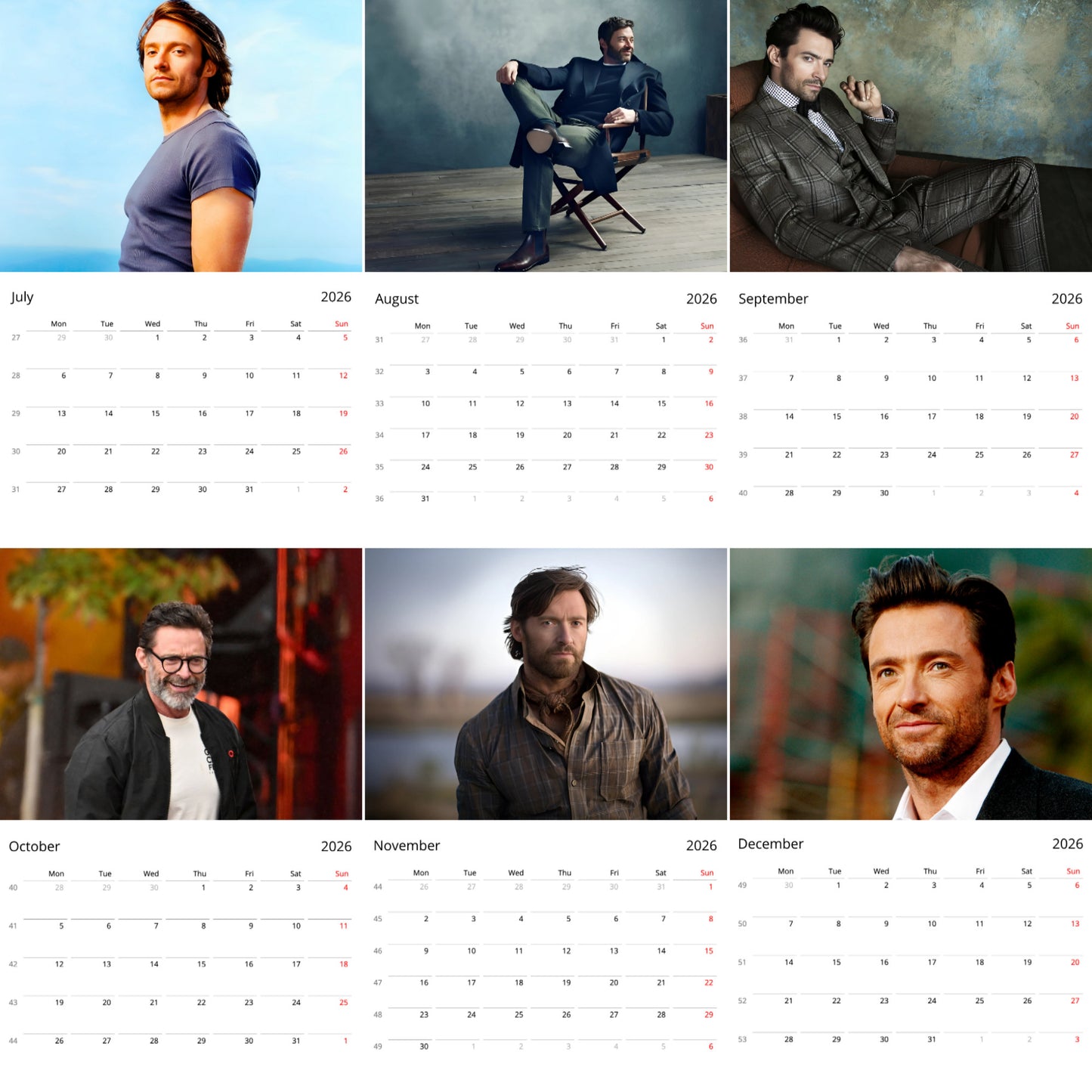 Hugh Jackman 2026 Wall Calendar β Premium Actor Calendar for Fans, Hollywood Icon Gift