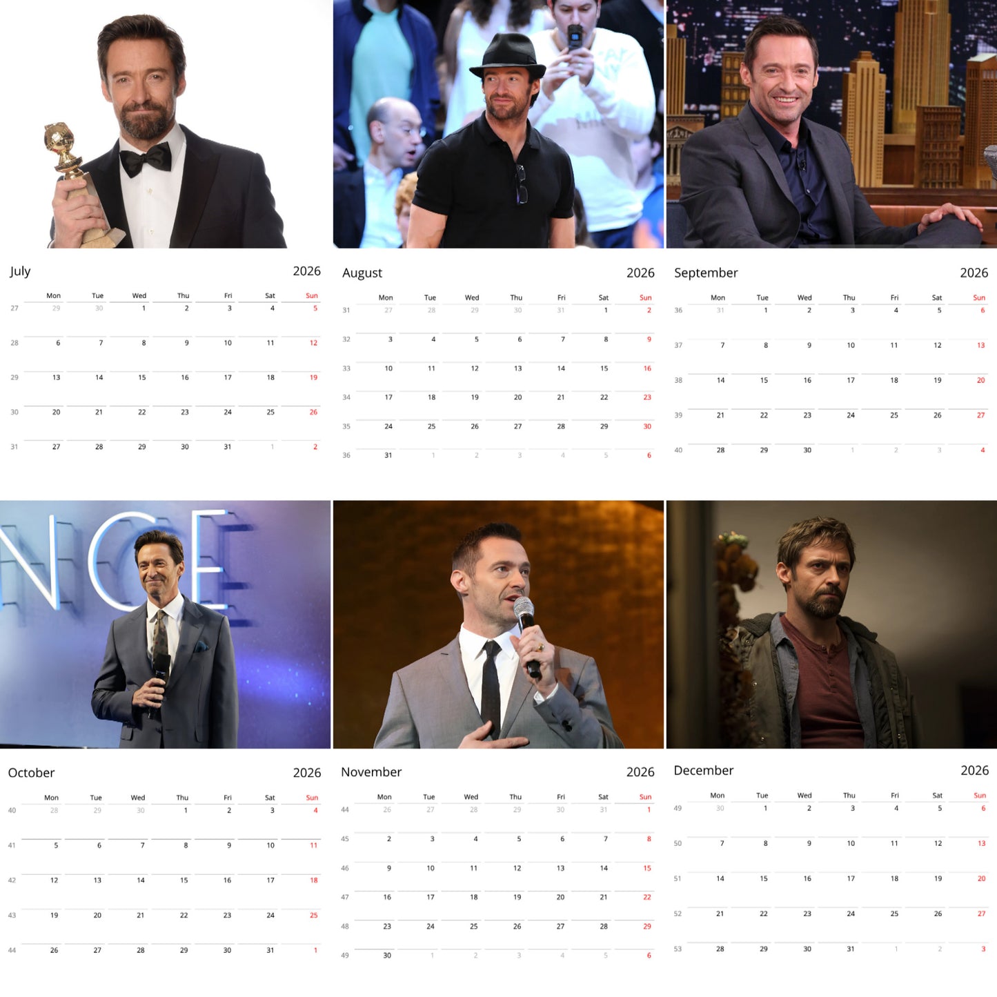 Hugh Jackman 2026 Wall Calendar β Premium Actor Calendar for Fans, Hollywood Icon Gift