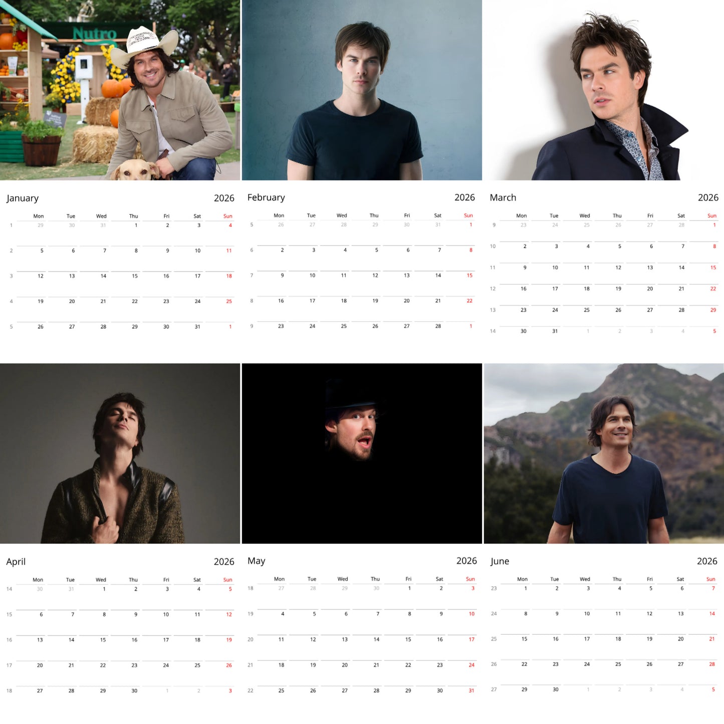 Ian Somerhalder 2026 Wall Calendar β Premium Actor Calendar for Fans, Vampire Diaries Star Gift