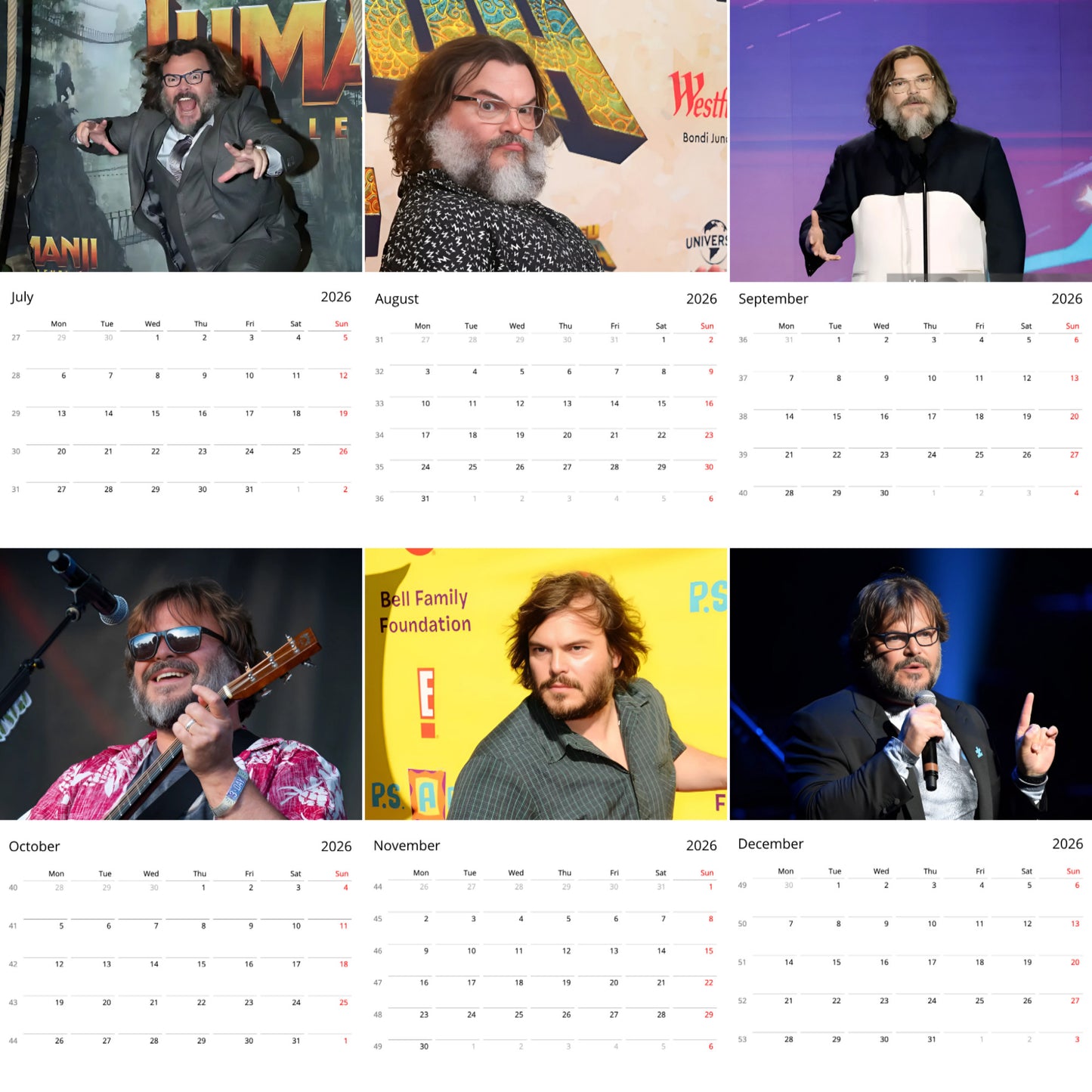 Jack Black 2026 Wall Calendar β Premium Actor & Comedian Calendar for Fans, Hollywood Star Gift