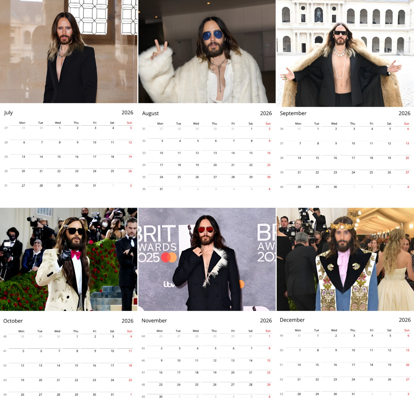 Jared Leto 2026 Wall Calendar β Premium Actor & Musician Calendar for Fans, Hollywood Star Gift