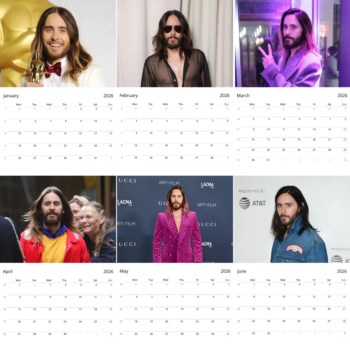 Jared Leto 2026 Wall Calendar β Premium Actor & Musician Calendar for Fans, Hollywood Star Gift