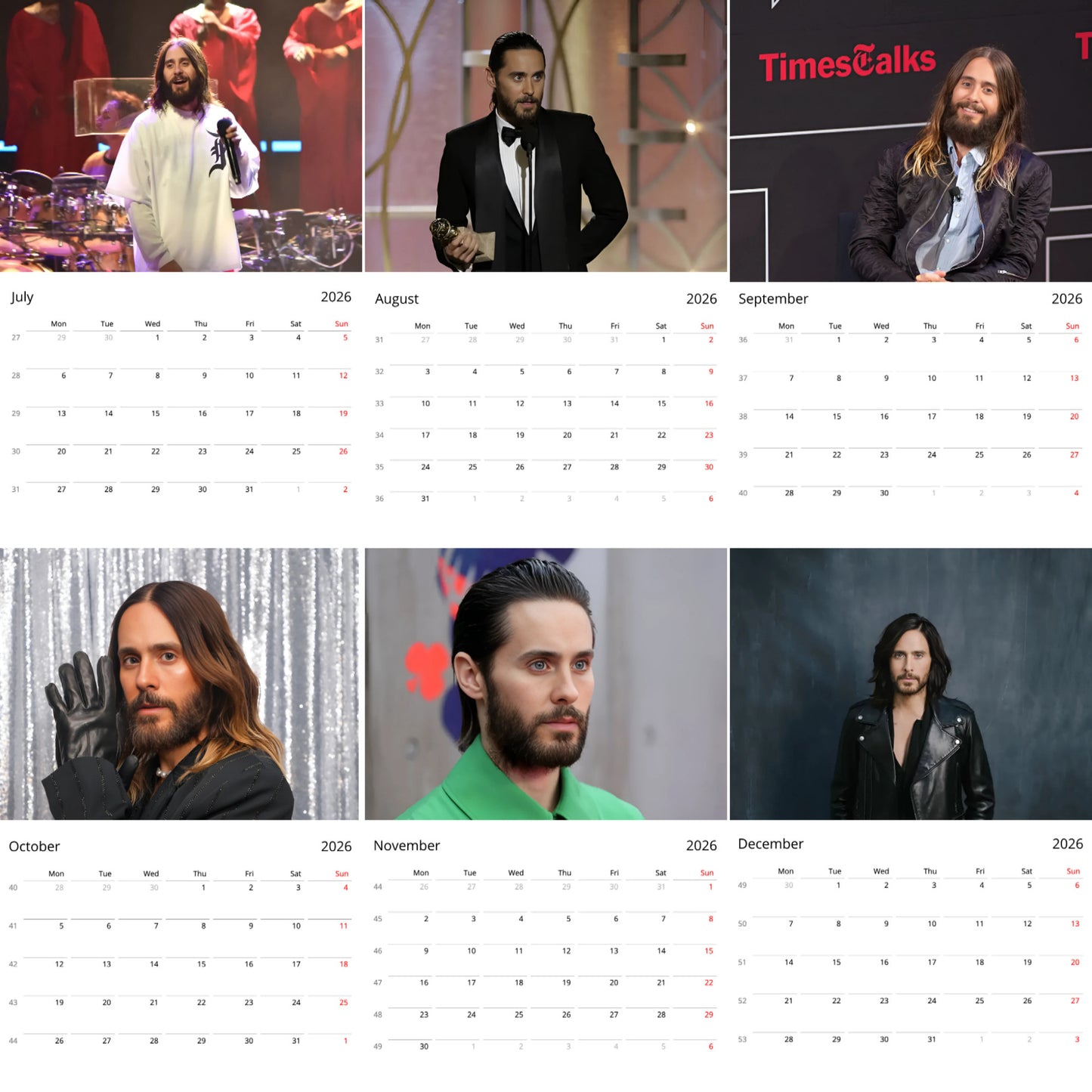 Jared Leto 2026 Wall Calendar β Premium Actor & Musician Calendar for Fans, Hollywood Star Gift