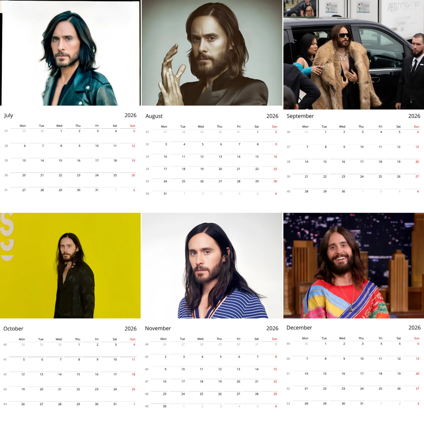 Jared Leto 2026 Wall Calendar β Premium Actor & Musician Calendar for Fans, Hollywood Star Gift