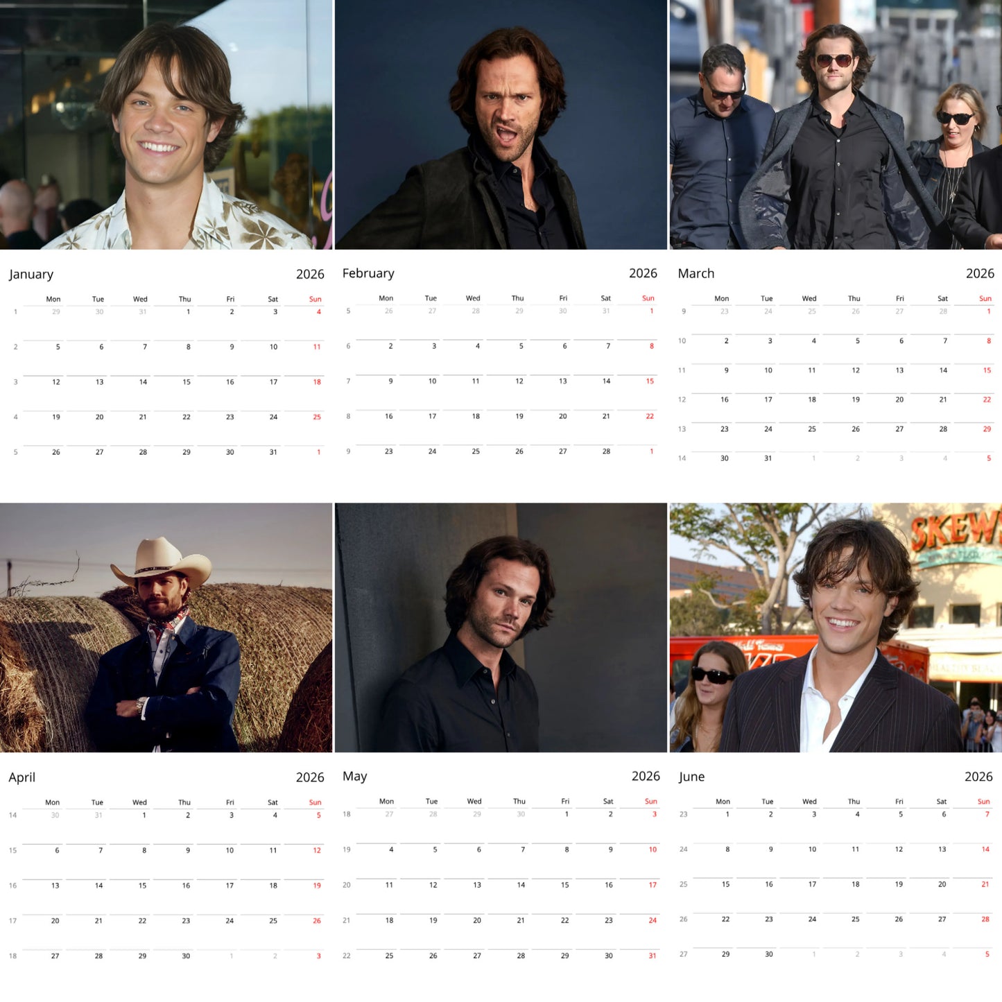 Jared Padalecki 2026 Wall Calendar β Premium Actor Calendar for Fans, Supernatural Star Gift
