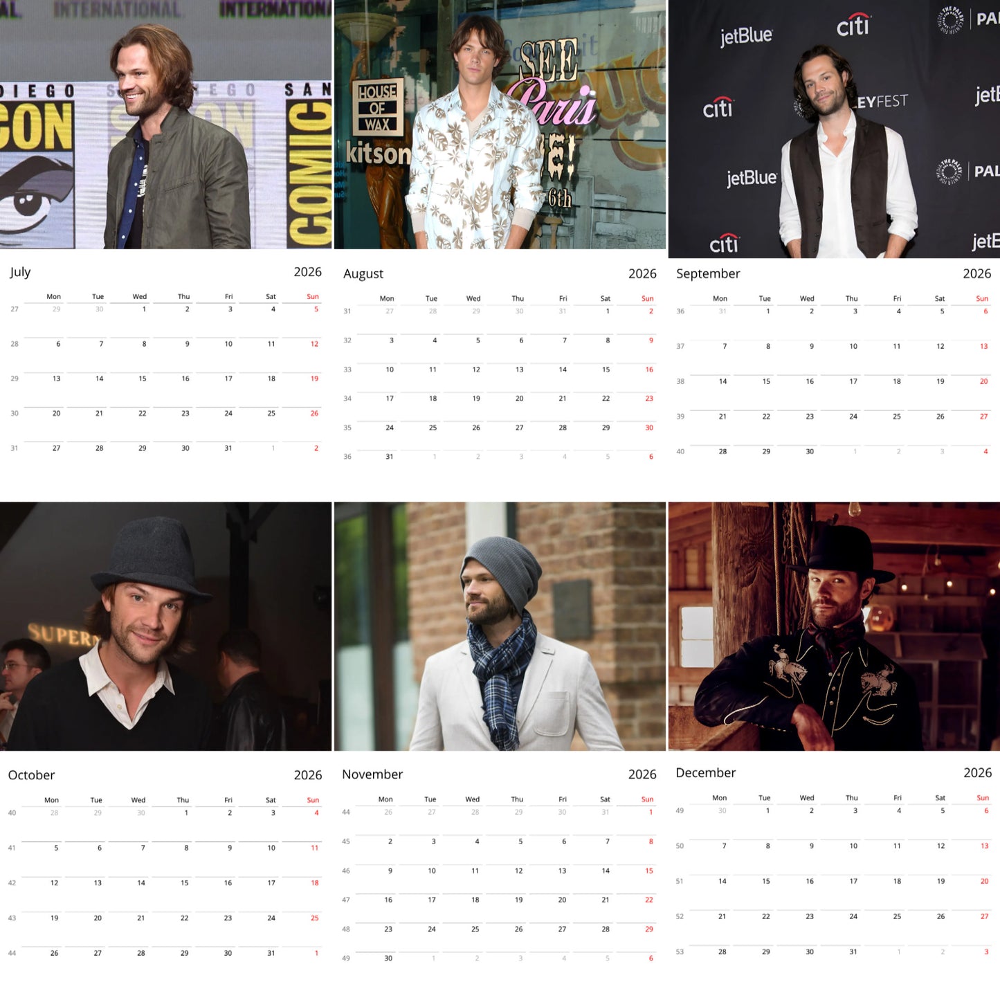 Jared Padalecki 2026 Wall Calendar β Premium Actor Calendar for Fans, Supernatural Star Gift