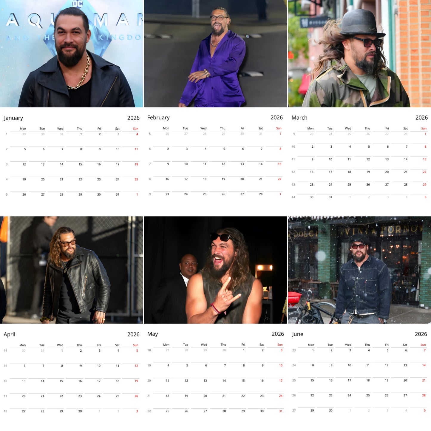 Jason Momoa 2026 Wall Calendar β Premium Actor Calendar for Fans, Aquaman Star Gift