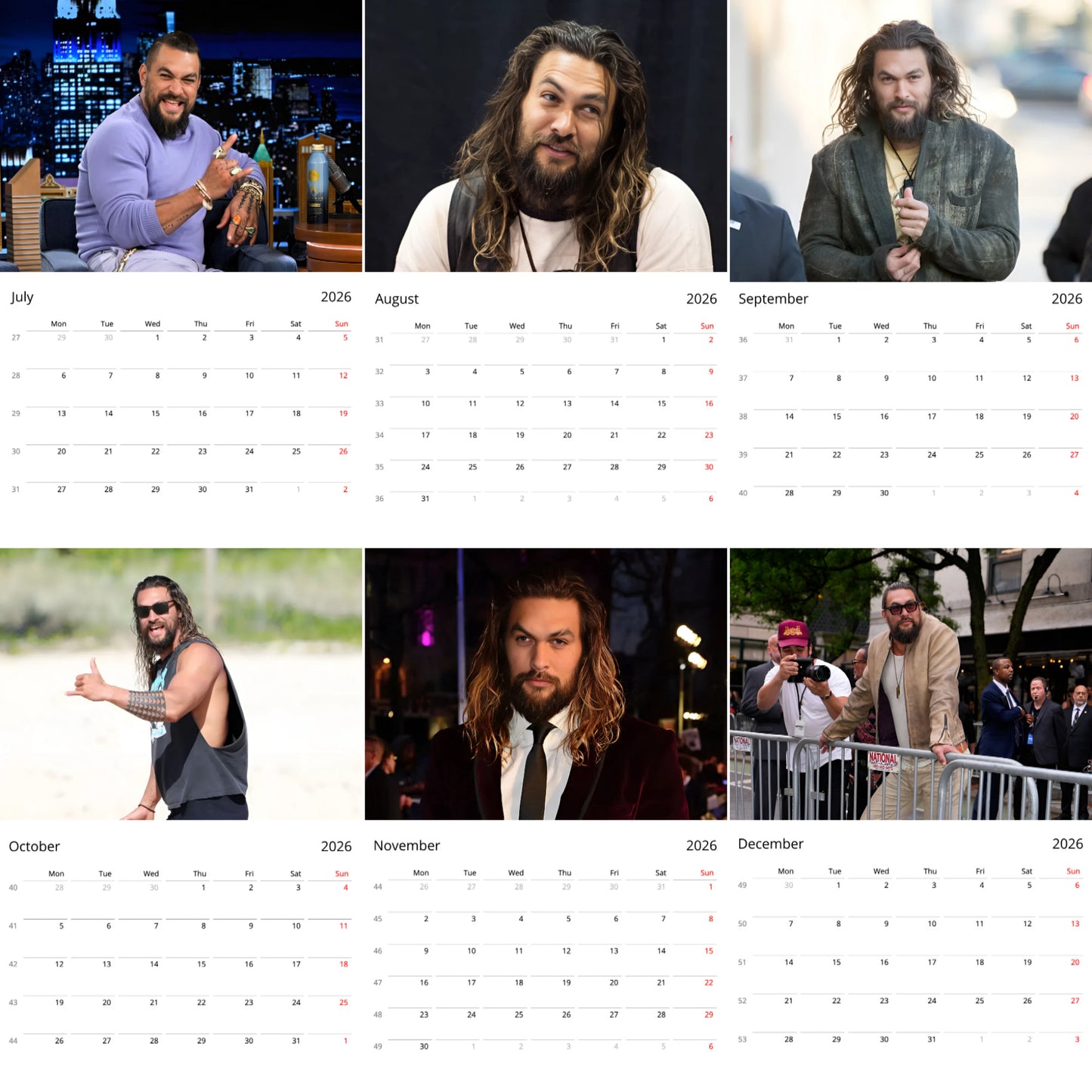 Jason Momoa 2026 Wall Calendar β Premium Actor Calendar for Fans, Aquaman Star Gift