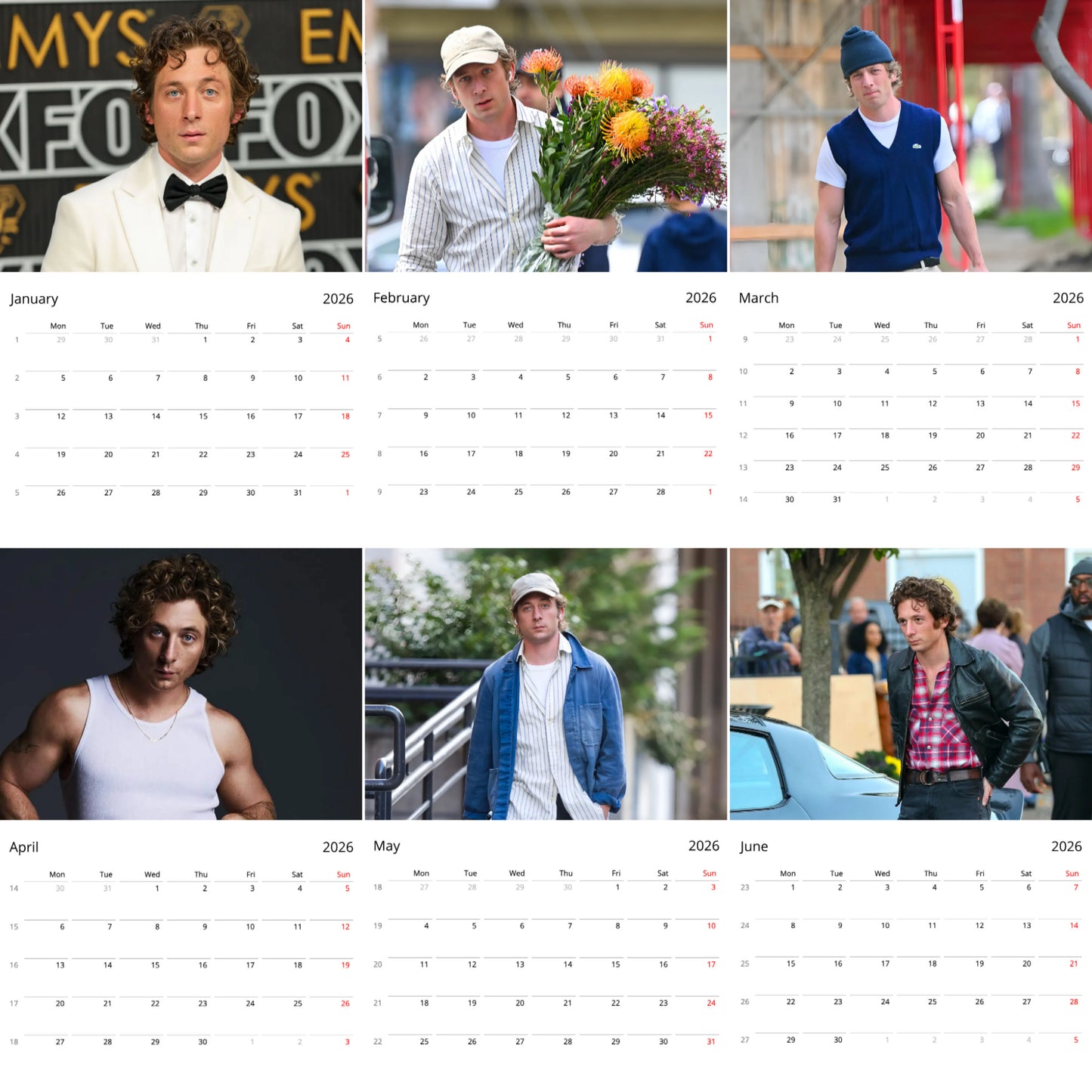 Jeremy Allen White 2026 Wall Calendar β Premium Actor Calendar for Fans, The Bear Star Gift