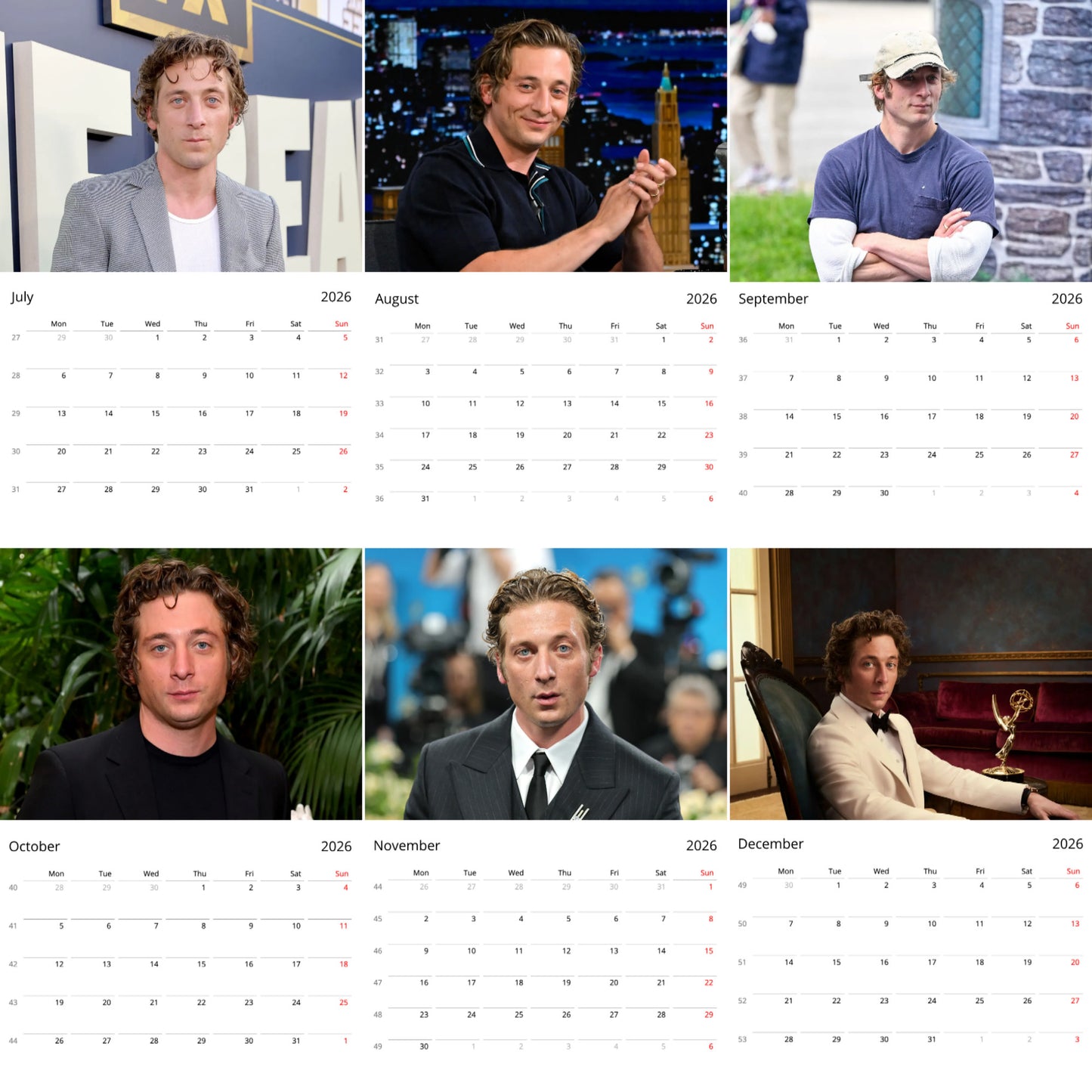 Jeremy Allen White 2026 Wall Calendar β Premium Actor Calendar for Fans, The Bear Star Gift