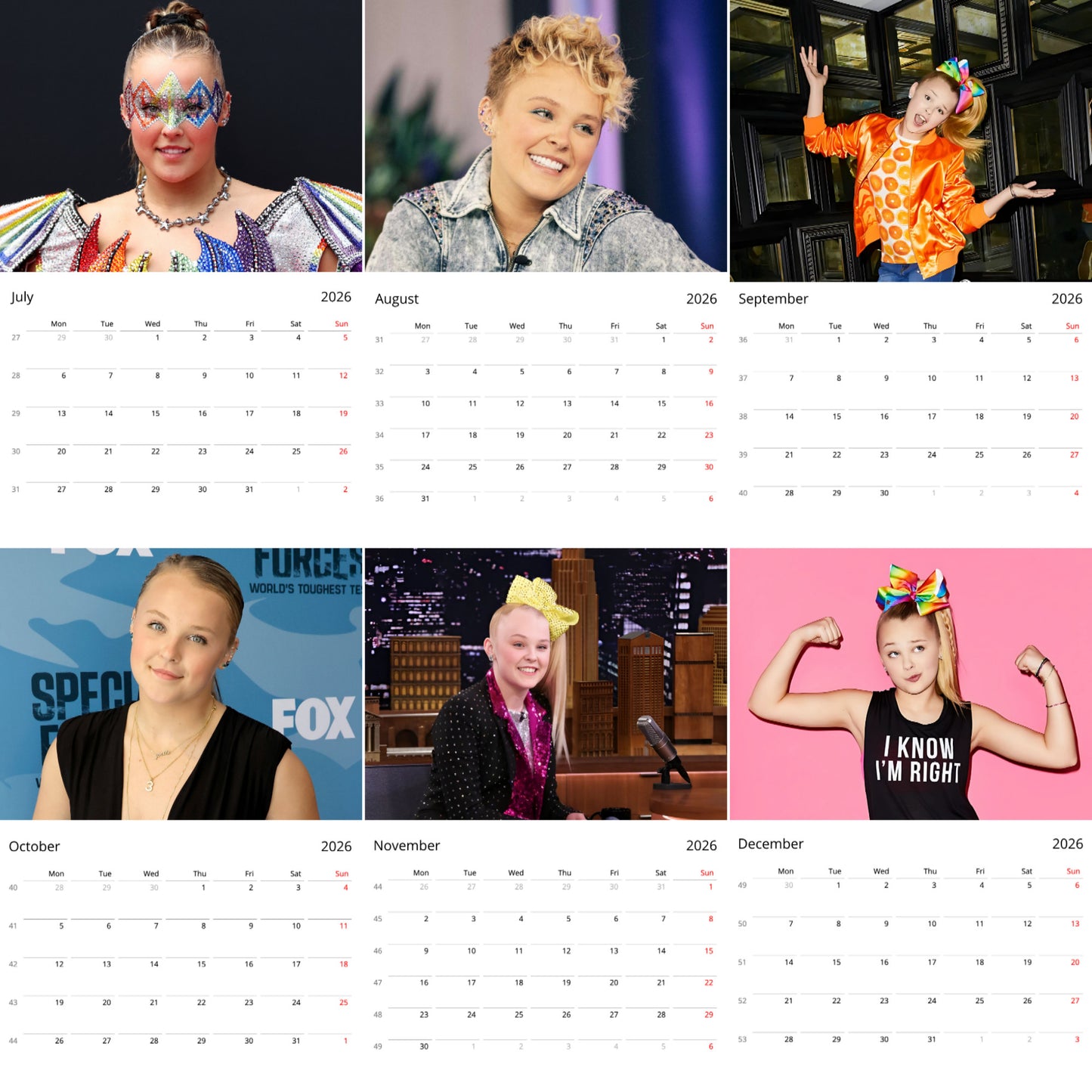 JoJo Siwa 2026 Wall Calendar β Premium Singer & Dancer Calendar for Fans, Pop Star Gift