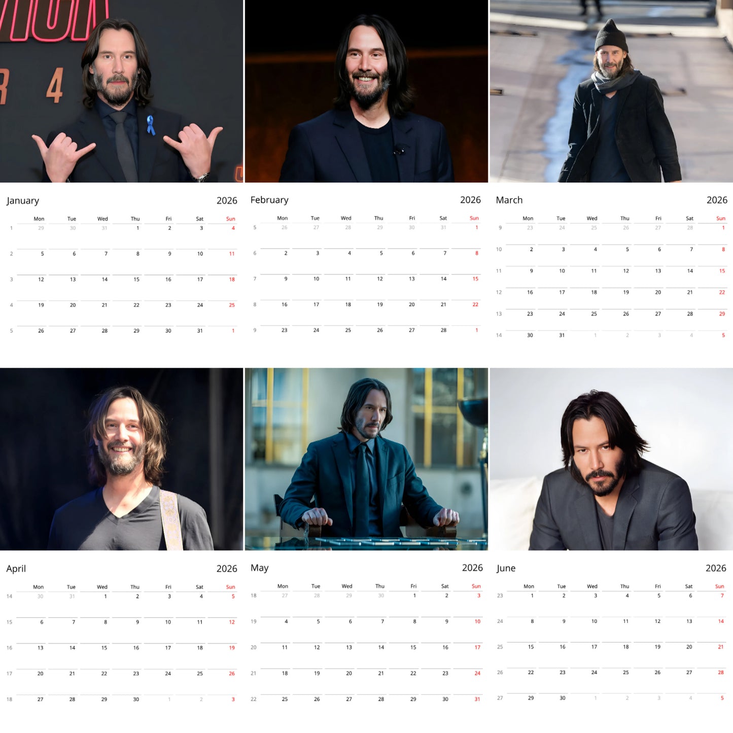 Keanu Reeves 2026 Wall Calendar β Premium Actor Calendar for Fans, Hollywood Icon Gift