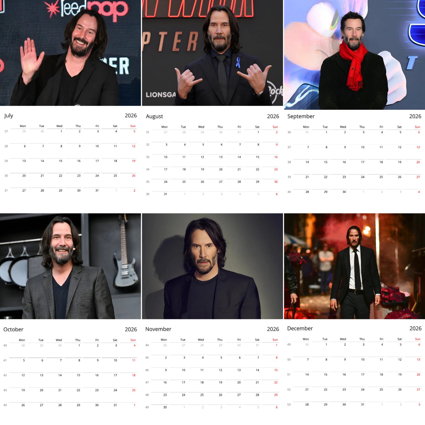 Keanu Reeves 2026 Wall Calendar β Premium Actor Calendar for Fans, Hollywood Icon Gift