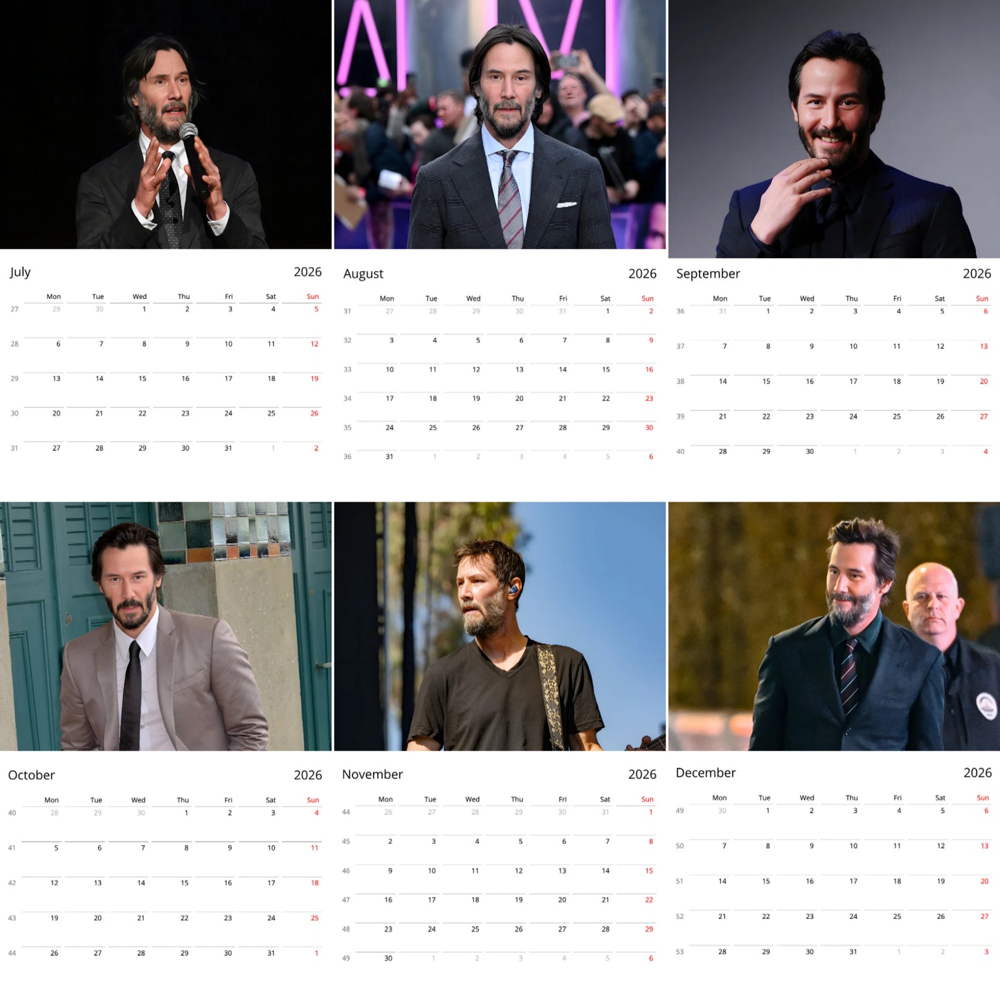 Keanu Reeves 2026 Wall Calendar β Premium Actor Calendar for Fans, Hollywood Icon Gift